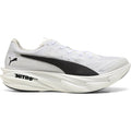 Men's PUMA Deviate NITRO Elite 4 Running Shoes Puma White Puma Black outer side view showing NITROFOAM Elite midsole with re-engineered carbon fibre PWRPLATE