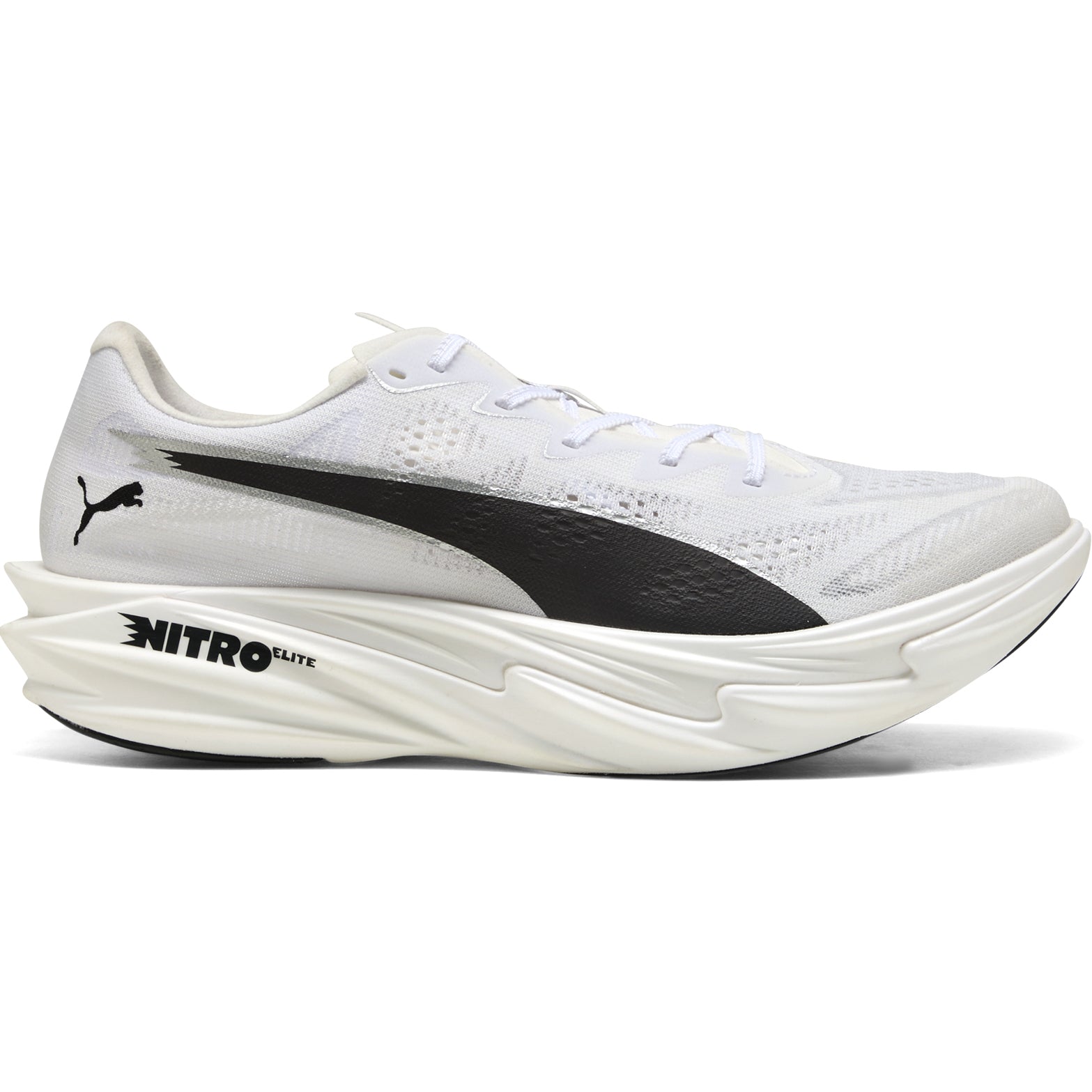 Men's PUMA Deviate NITRO Elite 4 Running Shoes Puma White Puma Black outer side view showing NITROFOAM Elite midsole with re-engineered carbon fibre PWRPLATE
