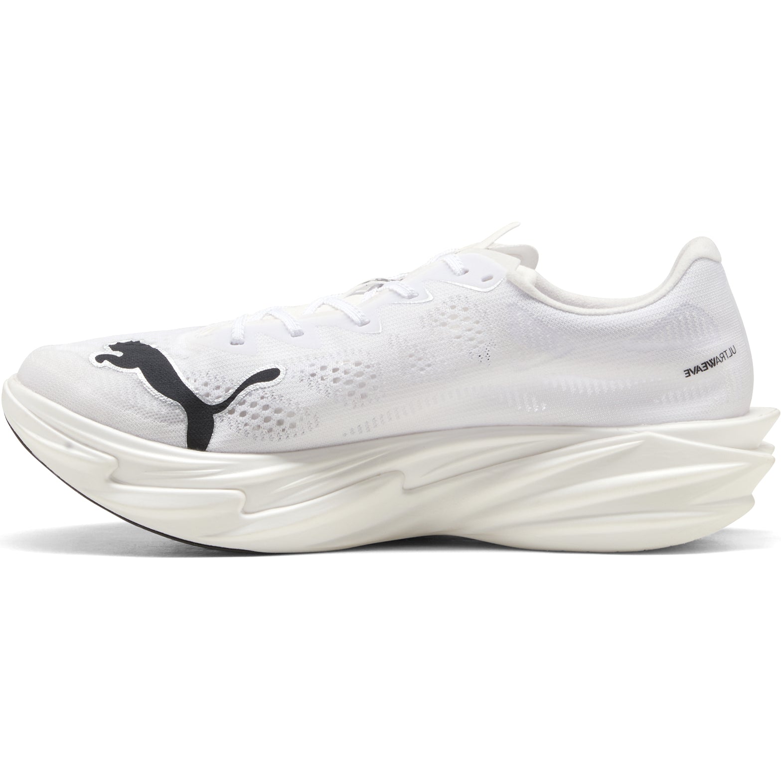 Men's PUMA Deviate NITRO Elite 4 Running Shoes Puma White Puma Black inner side view showing NITROFOAM Elite cushioning and 12% lighter racing construction