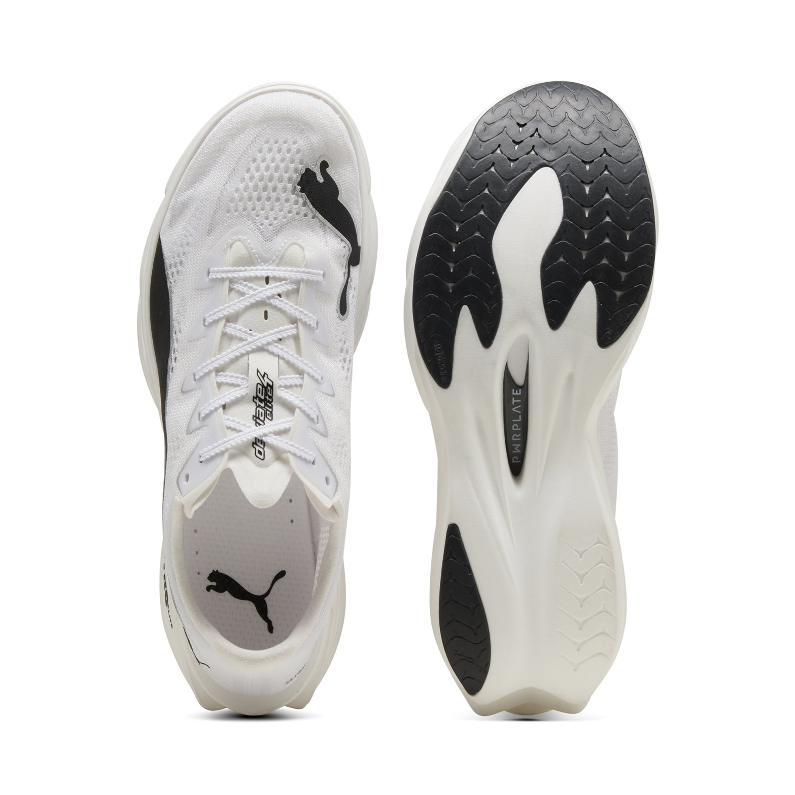 Men's PUMA Deviate NITRO Elite 4 Running Shoes Puma White Puma Black showing top view of ULTRAWEAVE ultra-lightweight upper and sole view displaying PUMAGRIP all-surface traction