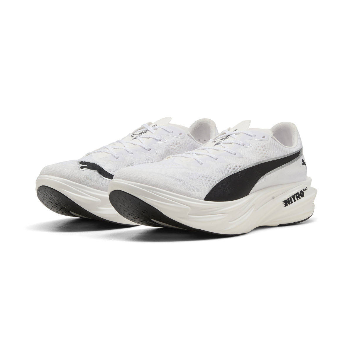 Men's PUMA Deviate NITRO Elite 4 Running Shoes Puma White Puma Black angled side view showing NITROFOAM Elite premium foam, re-engineered PWRPLATE and ultra-lightweight race day construction