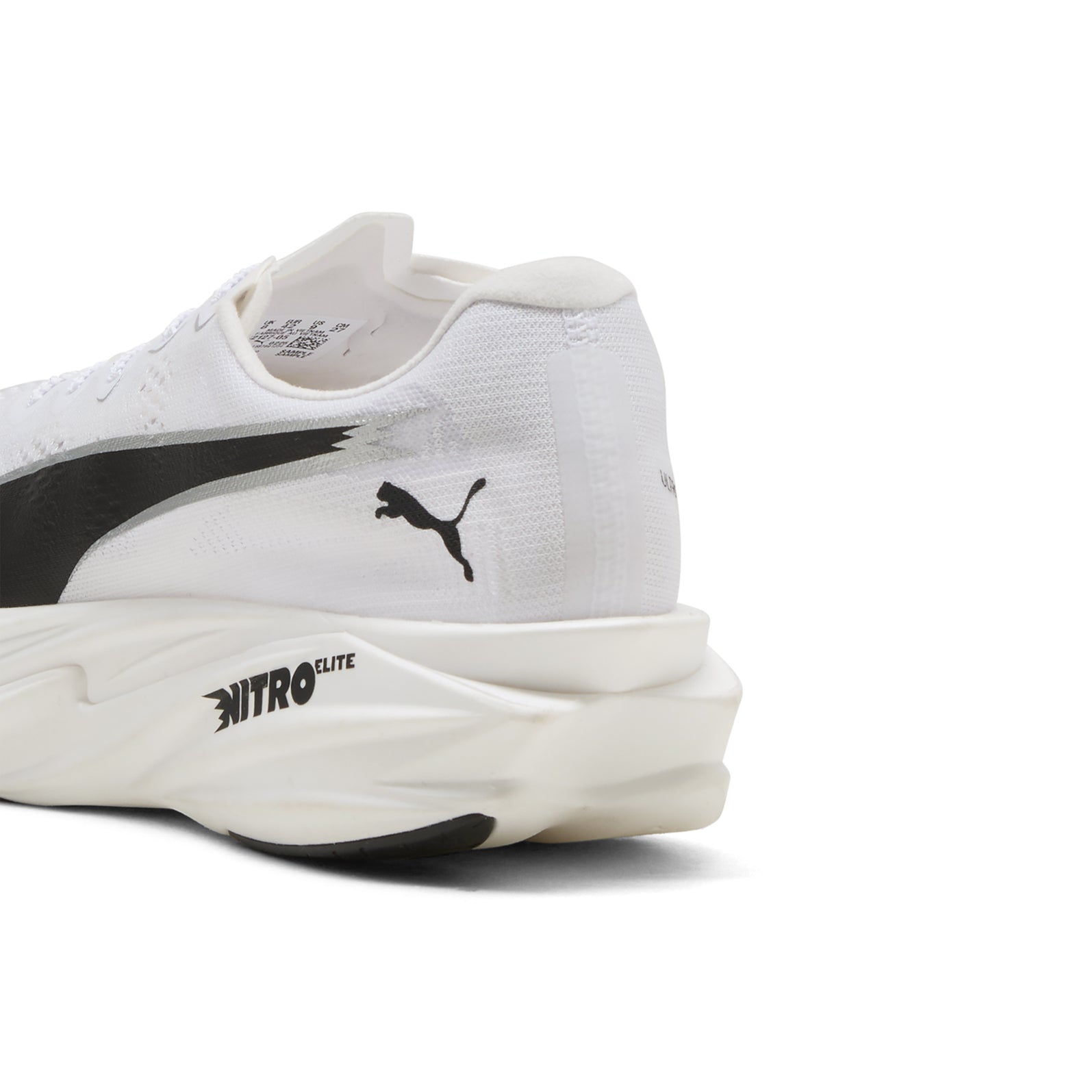 Men's PUMA Deviate NITRO Elite 4 Running Shoes Puma White Puma Black angled heel view showing NITROFOAM Elite stack height 40mm heel 32mm forefoot and carbon PWRPLATE
