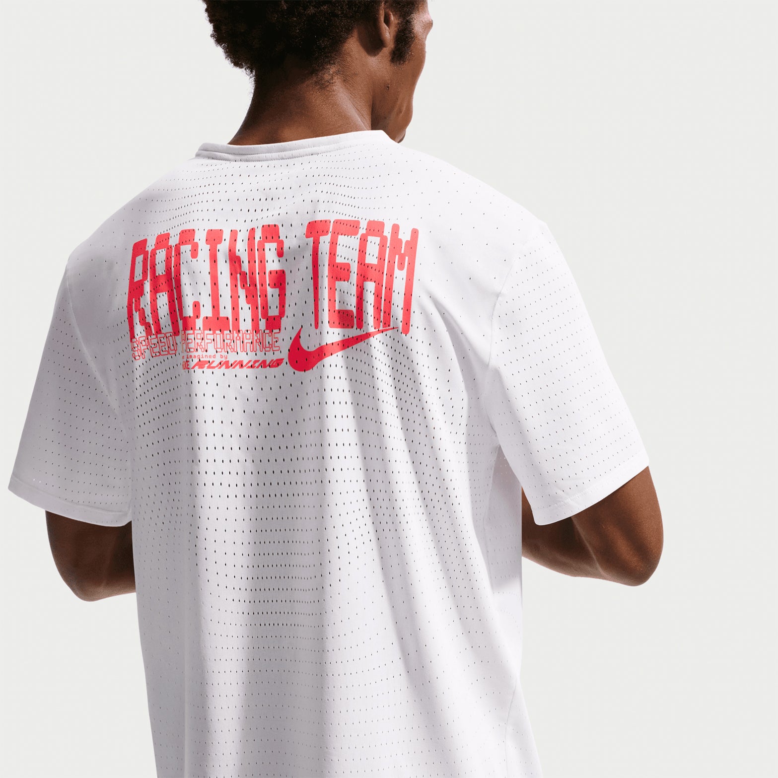 Nike AeroSwift men's Dri-FIT ADV running tee in Summit White — back product shot showing summit white bonded seams at shoulder, ultrabreathable knit construction and non-reflective Swoosh logo detail
