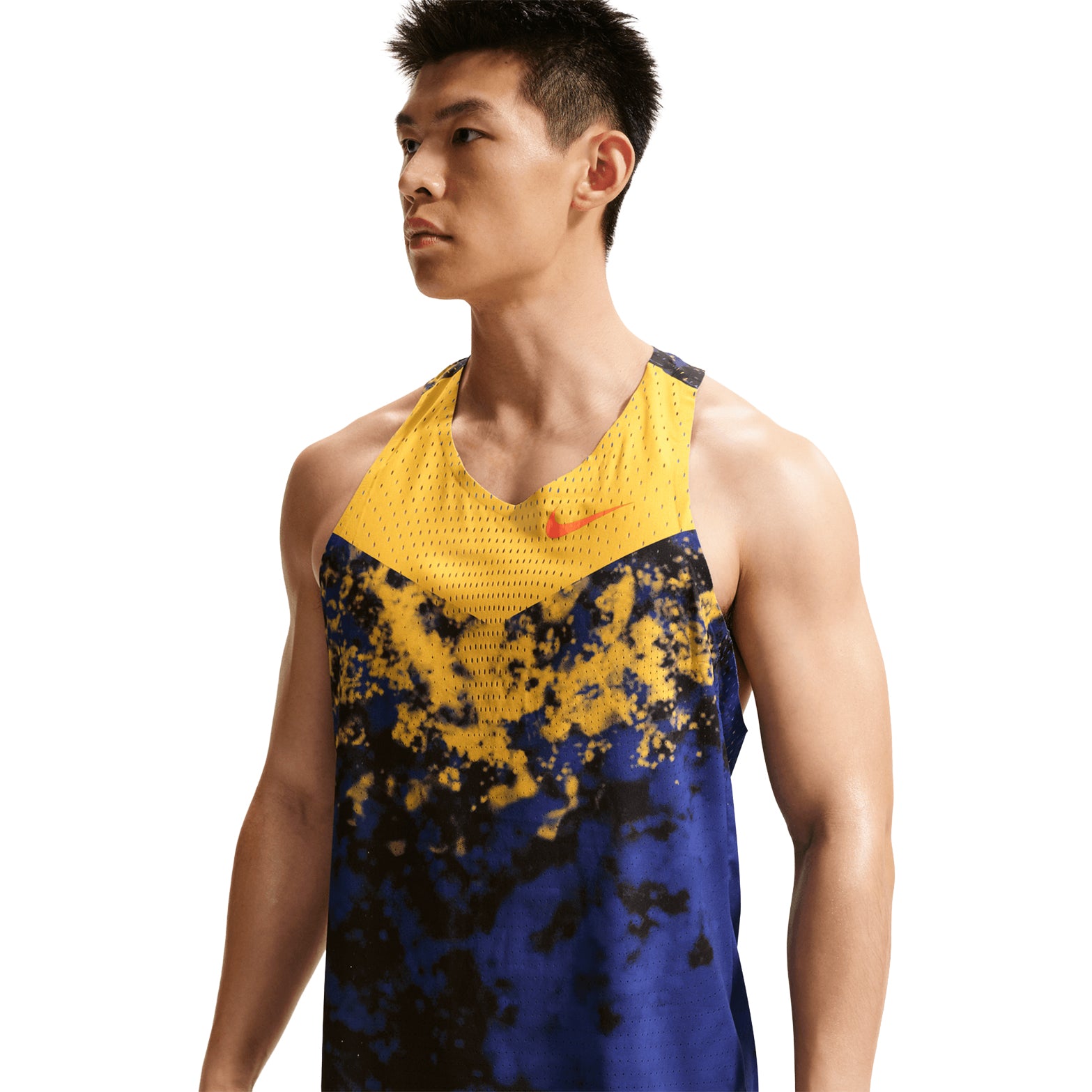Men's Nike Dri-FIT AeroSwift ADV Running Vest Citron Pulse Lapis Bright Crimson front view on male runner showing racing vest design with Dri-FIT ADV moisture-wicking for breathable race day performance