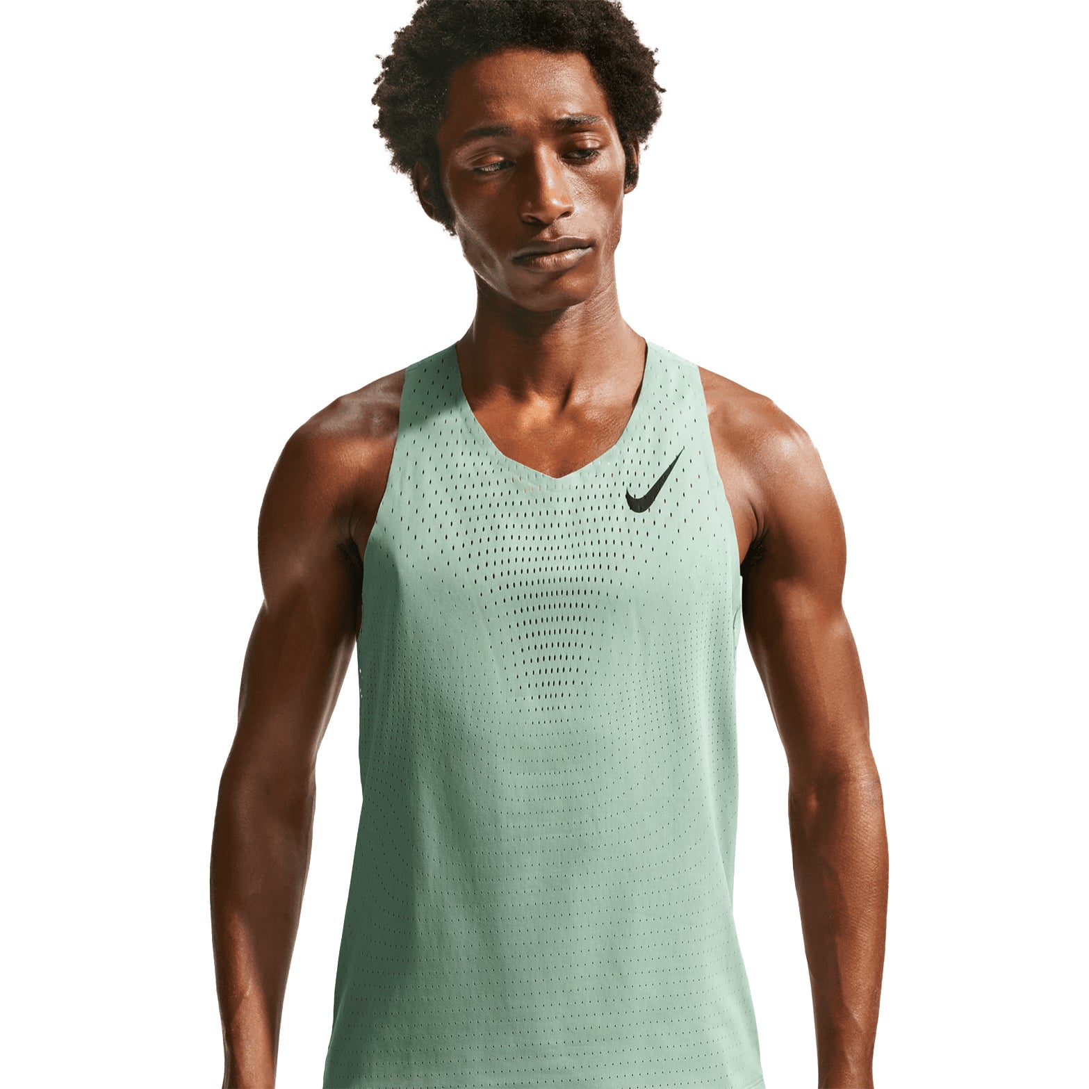 Men's Nike Dri-FIT AeroSwift ADV Running Vest Green close-up front showing data-driven ventilation holes and lightweight moisture-wicking fabric