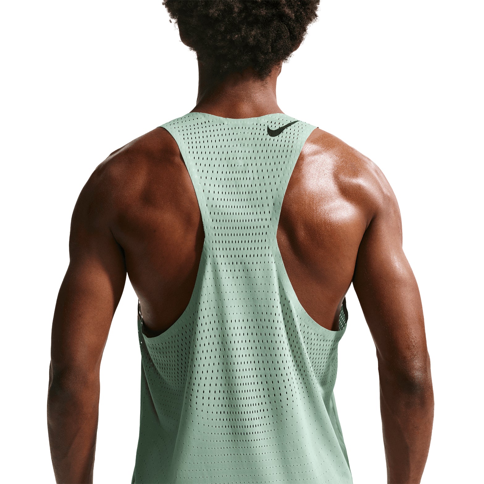 Men's Nike Dri-FIT AeroSwift ADV Running Vest Green close-up back showing bonded seams, open-hole ventilation and streamlined racing construction