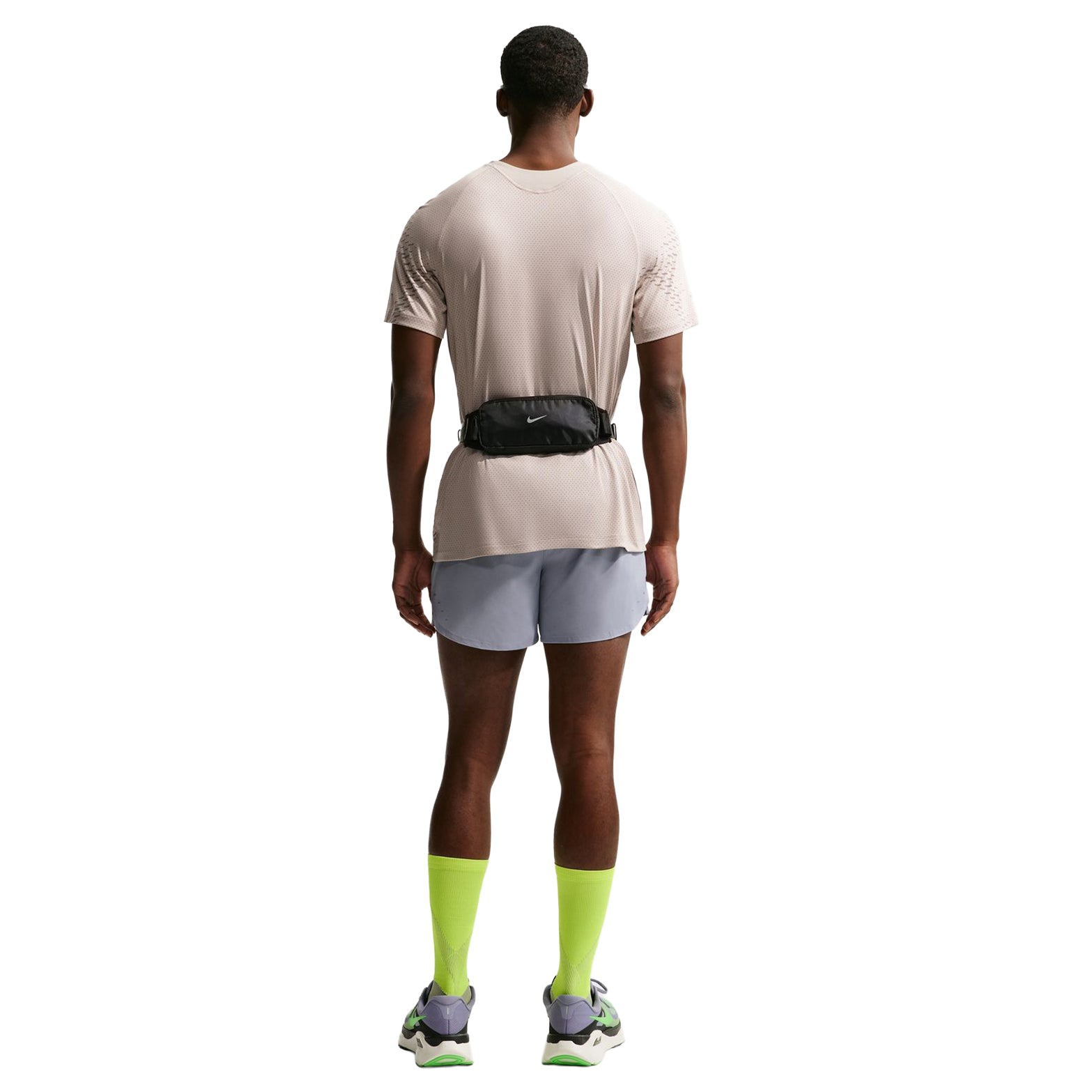 Nike Stride Dri-FIT ADV running top Cream II Mink Brown back full body view on model highlighting breathability zones and reflective details