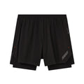 Soar Men’s Dual Run Shorts Black feature a double-layer design, with an outer layer crafted from perforated panels and finished with reflective accents. The inner layer offers comfortable quad support, while the elastic waistband ensures a secure fit. These performance running shorts are shown against a white background.