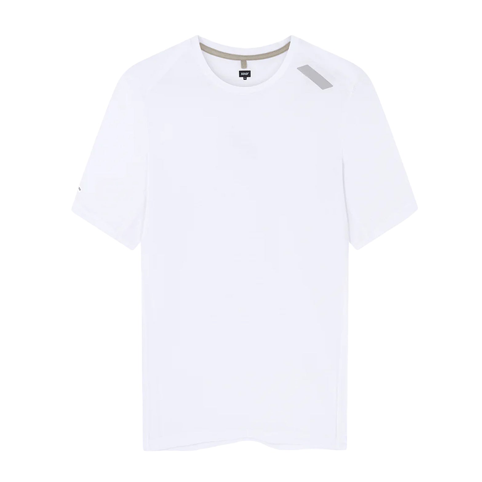 Men's Soar Eco Tech Tee White front view showing standard fit, four-panel construction and reflective Soar logo