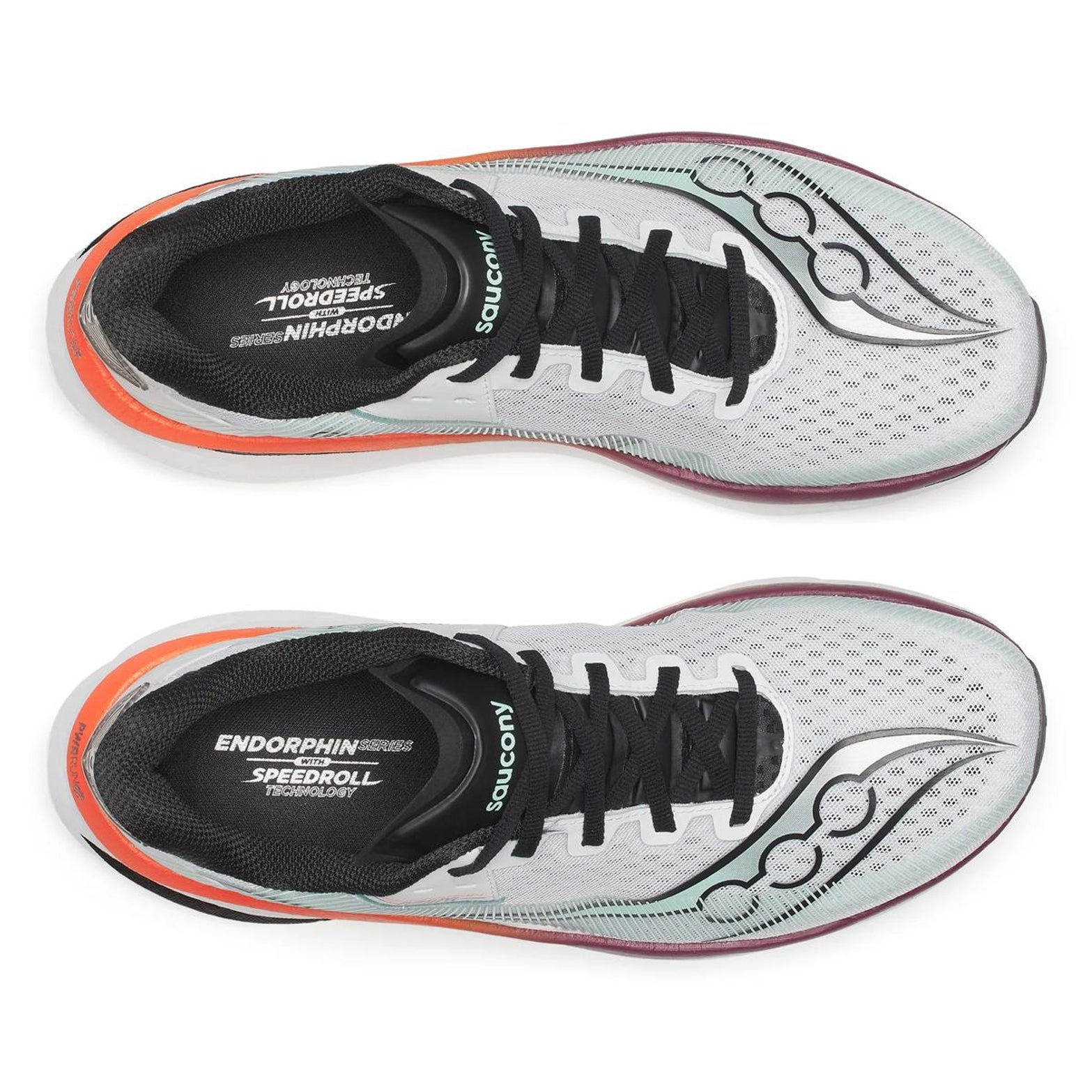Saucony Endorphin Azura men's running shoe in White / Crimson — top-down view showing white engineered mesh upper construction, midfoot lockdown and lace closure with crimson accent detailing