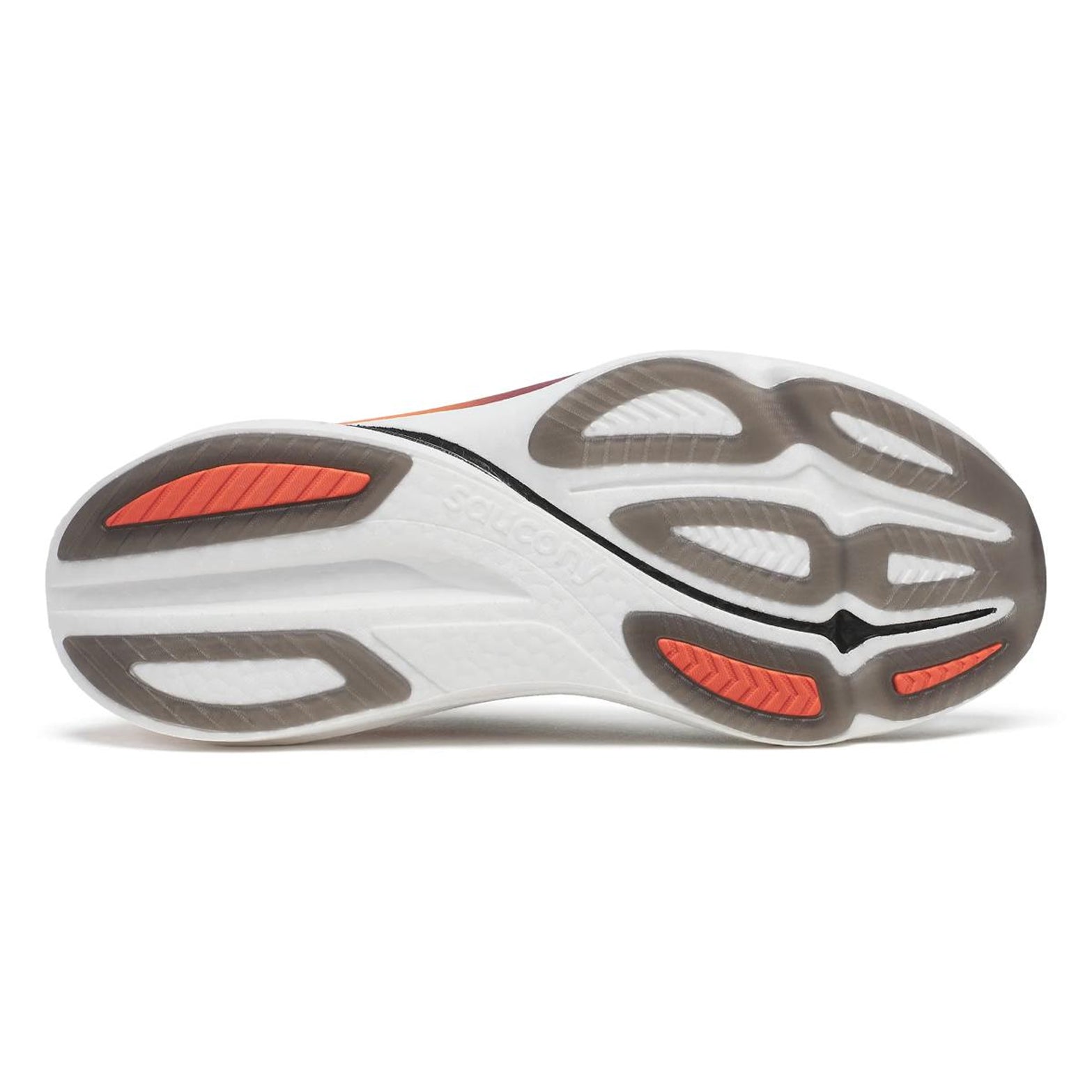 Saucony Endorphin Azura men's running shoe in White / Crimson — outsole view showing XT-900 carbon rubber placement in high-wear zones and crimson PWRRUN PB superfoam midsole stack
