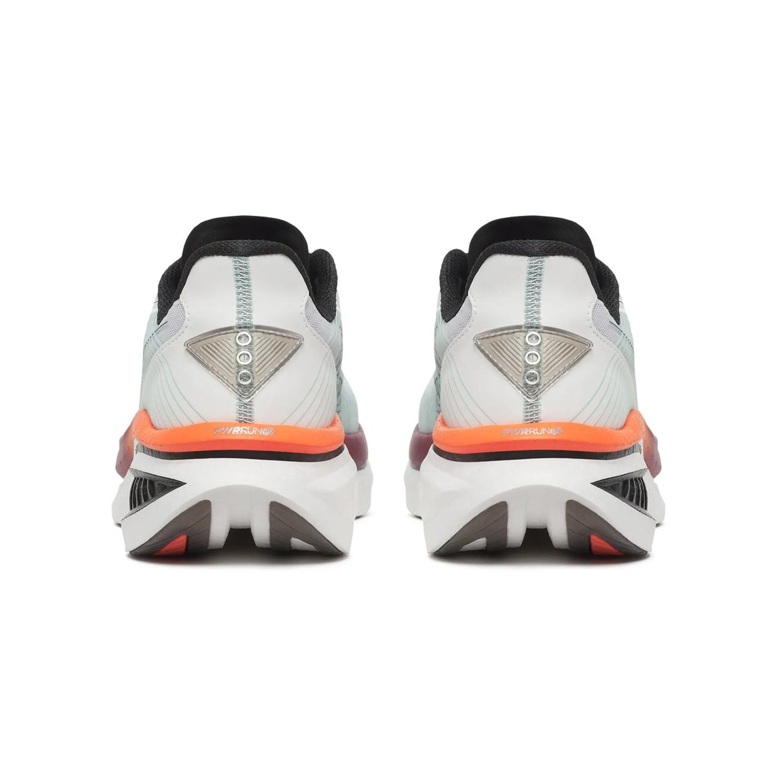 Saucony Endorphin Azura men's running shoe in White / Crimson — heel view showing padded heel collar construction, SpeedRoll heel geometry and crimson PWRRUN PB superfoam midsole contrast
