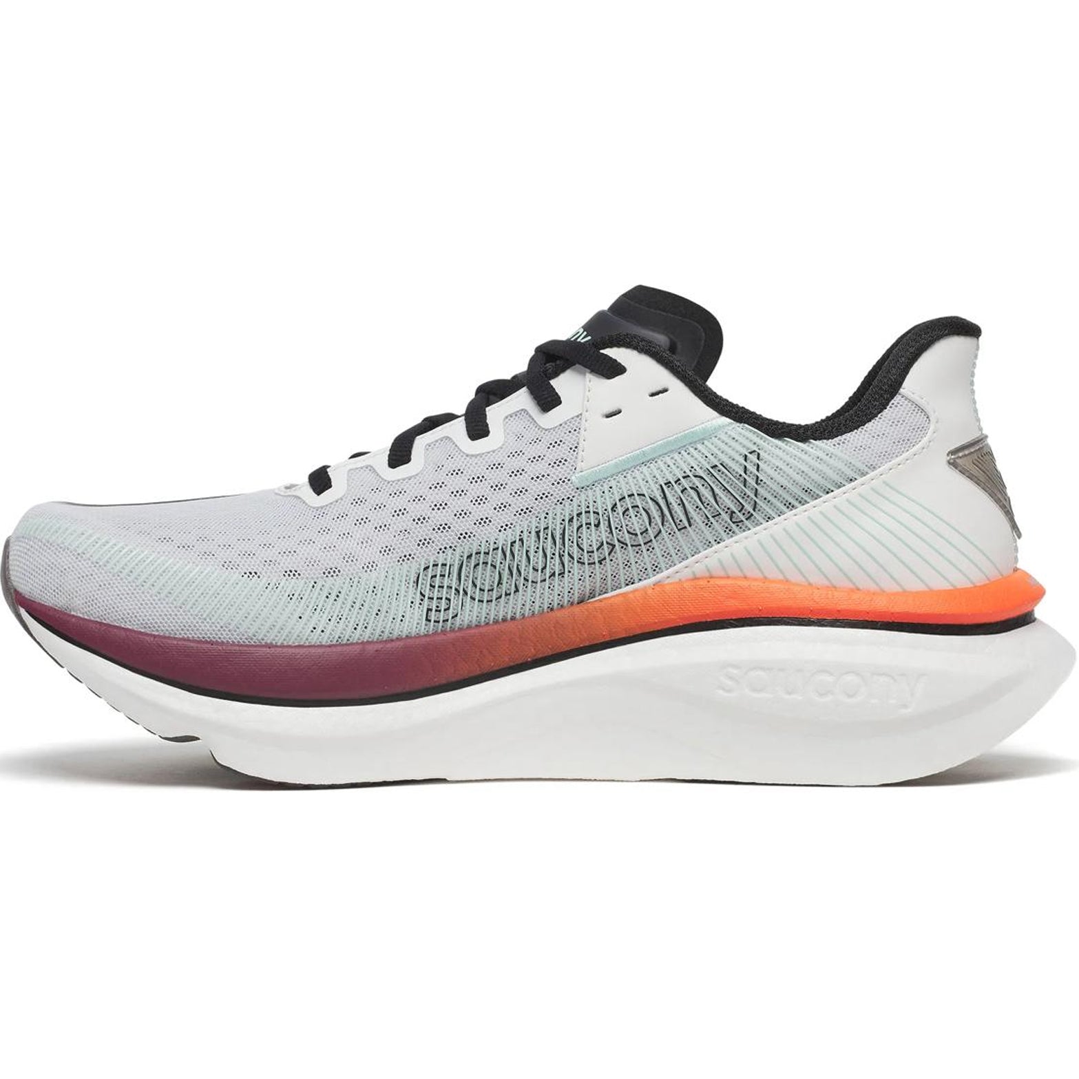 Saucony Endorphin Azura men's running shoe in White / Crimson — inner view showing white engineered mesh upper, crimson midsole detailing, padded heel collar and XT-900 carbon rubber outsole construction