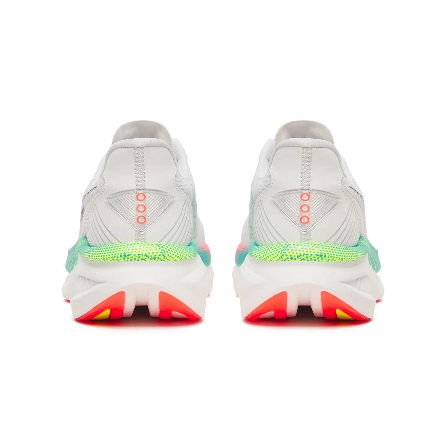 Men's Saucony Endorphin Azura Running Shoes White Multi heel view showing PWRRUN PB superfoam stack with padded heel collar and SpeedRoll geometry for cushioned plateless daily running