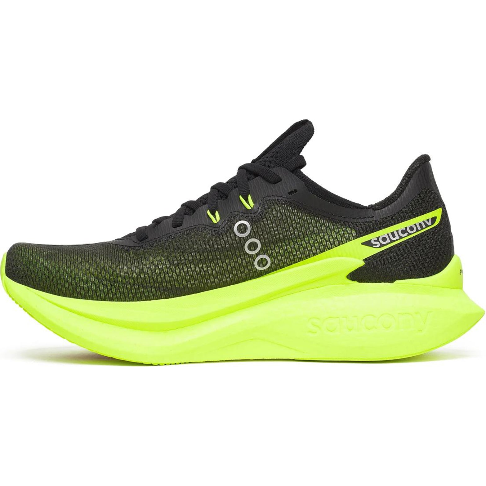 Men's Saucony Endorphin Pro 5 Running Shoes Citron Black inner side view showing PWRRUN PB base with carbon plate and enhanced SpeedRoll technology