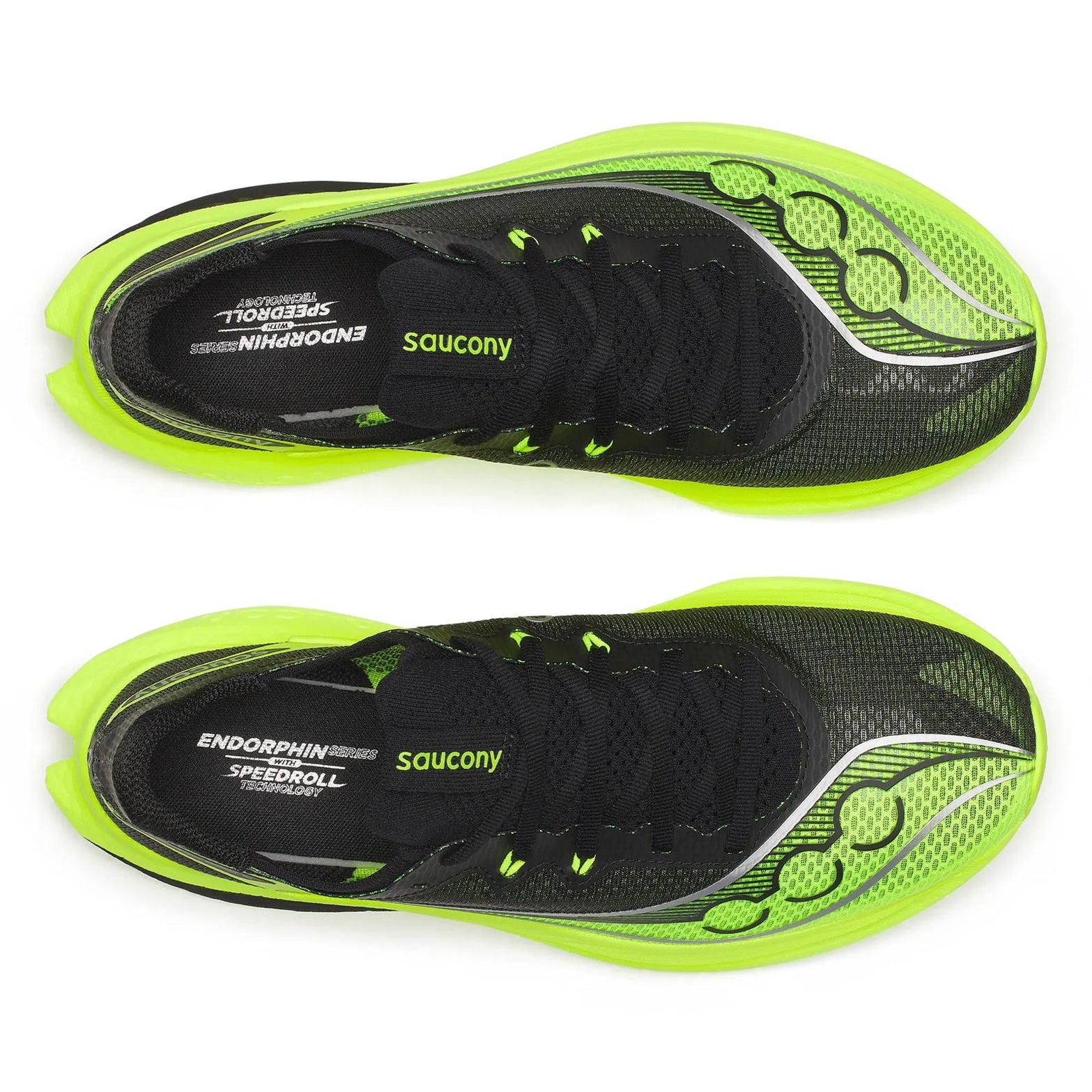 Men's Saucony Endorphin Pro 5 Running Shoes Citron Black top view showing lightweight racing upper construction with carbon-plated super shoe design