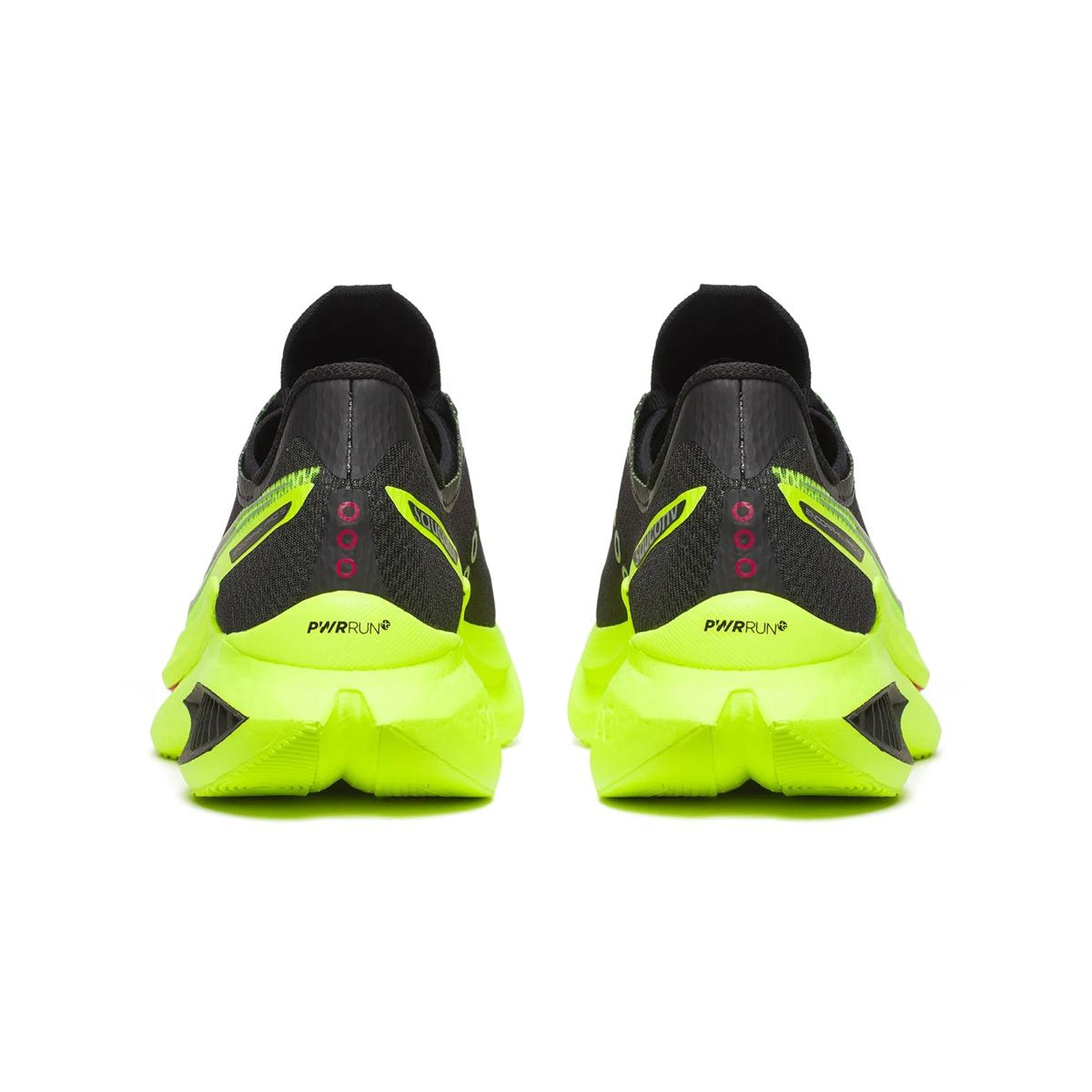 Men's Saucony Endorphin Pro 5 Running Shoes Citron Black heel view showing dual-layer PWRRUN foam stack with aggressive slotted carbon fibre plate
