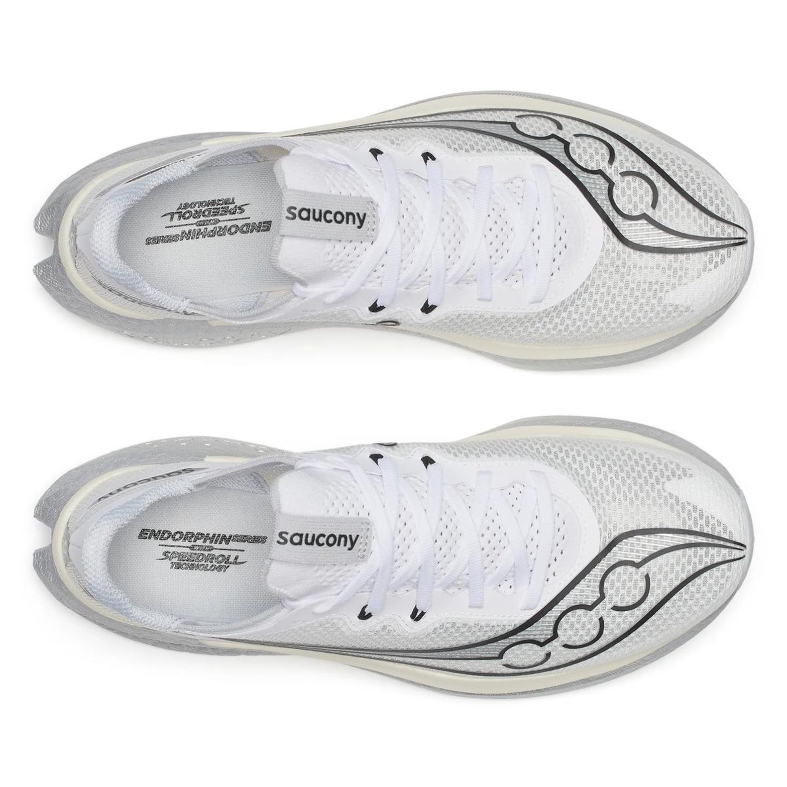 Men's Saucony Endorphin Pro 5 Running Shoes White Black top view showing lightweight racing upper construction with carbon-plated super shoe design