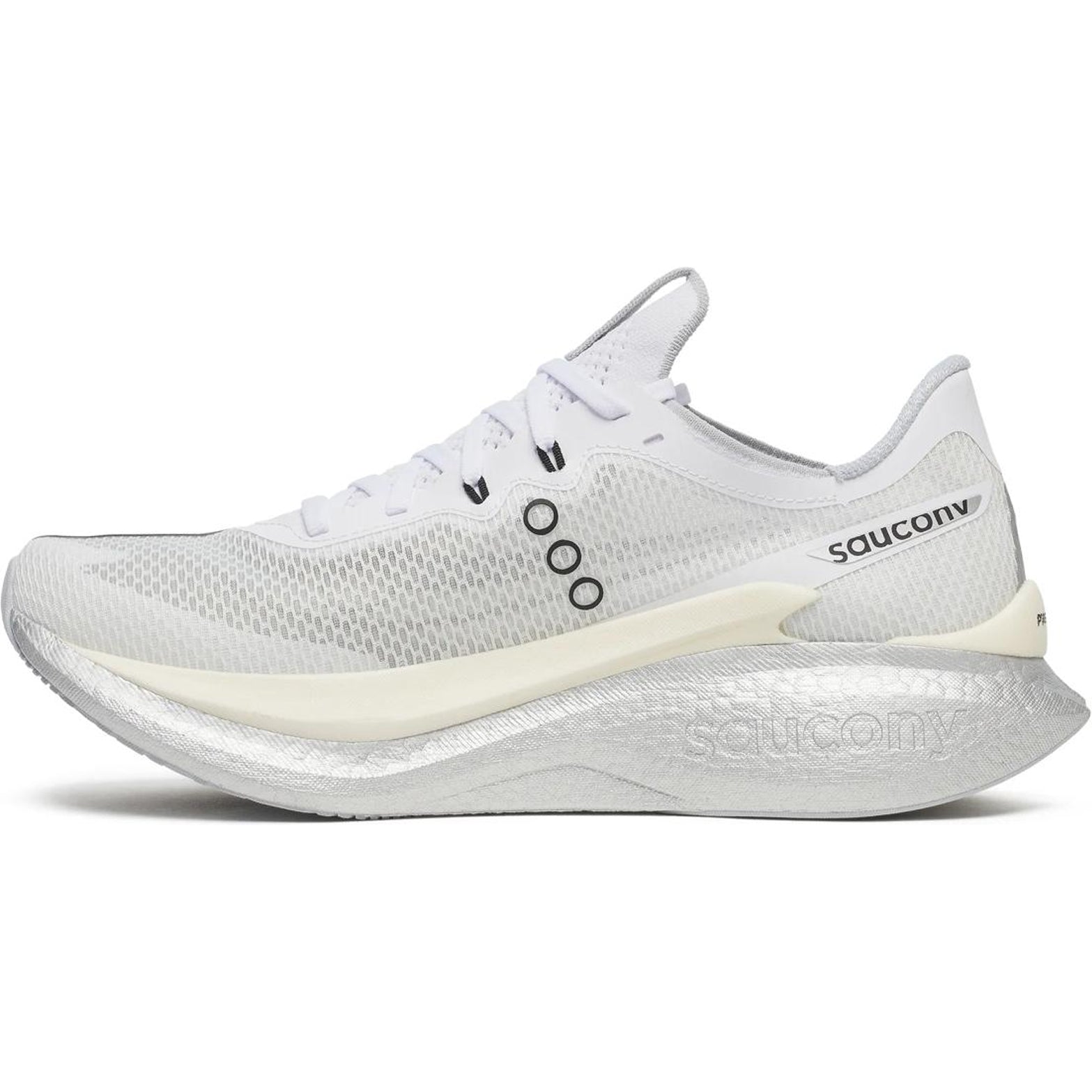 Men's Saucony Endorphin Pro 5 Running Shoes White Black inner side view showing PWRRUN PB base with carbon plate and enhanced SpeedRoll technology