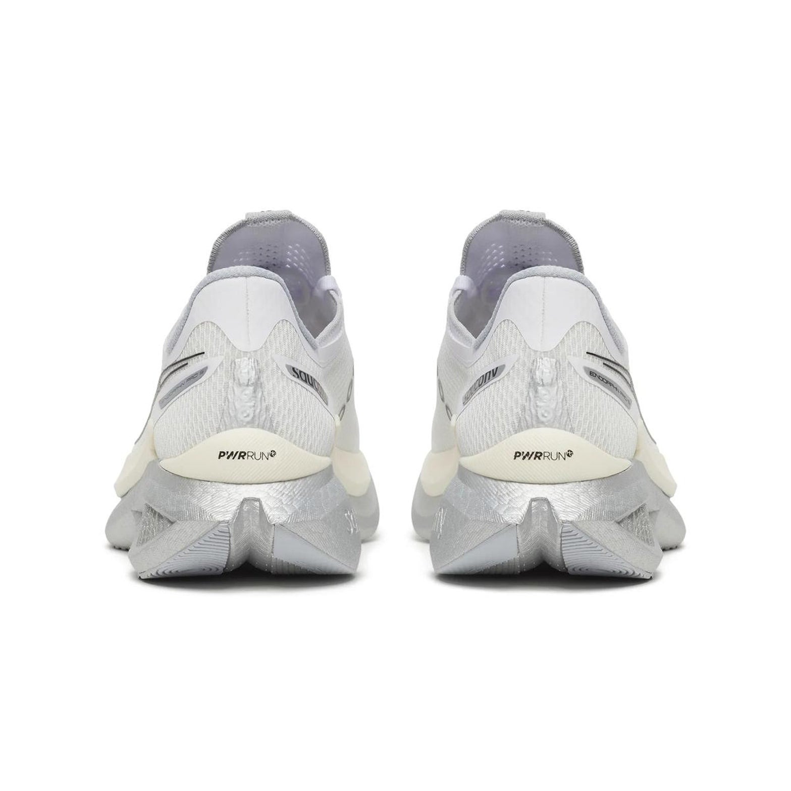 Men's Saucony Endorphin Pro 5 Running Shoes White Black heel view showing dual-layer PWRRUN foam stack with aggressive slotted carbon fibre plate
