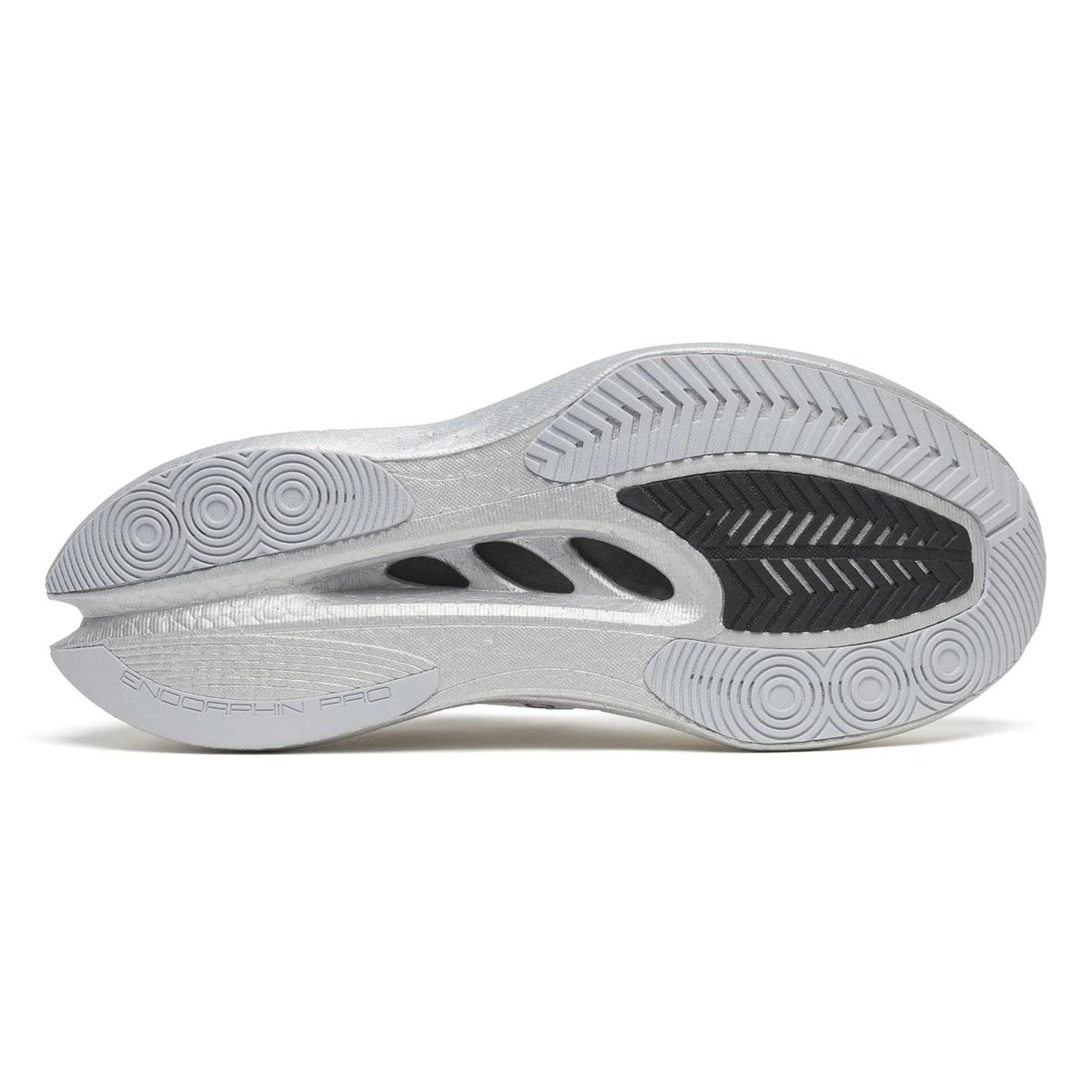 Men's Saucony Endorphin Pro 5 Running Shoes White Black sole view displaying PWRTRAC rubber outsole with improved grip and surface abrasion resistance