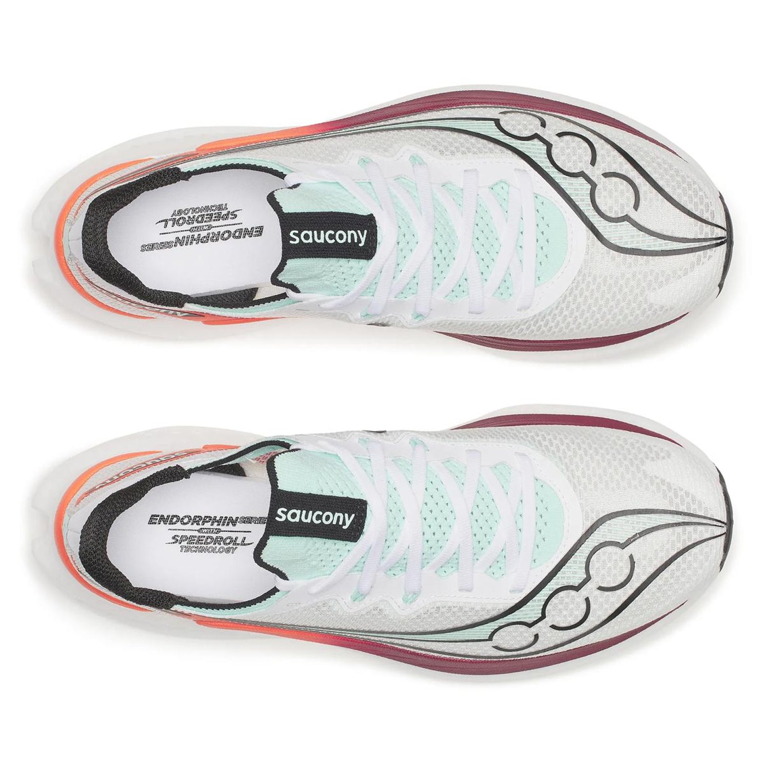 Men's Saucony Endorphin Pro 5 Running Shoes White Crimson top view showing lightweight racing upper construction with carbon-plated super shoe design