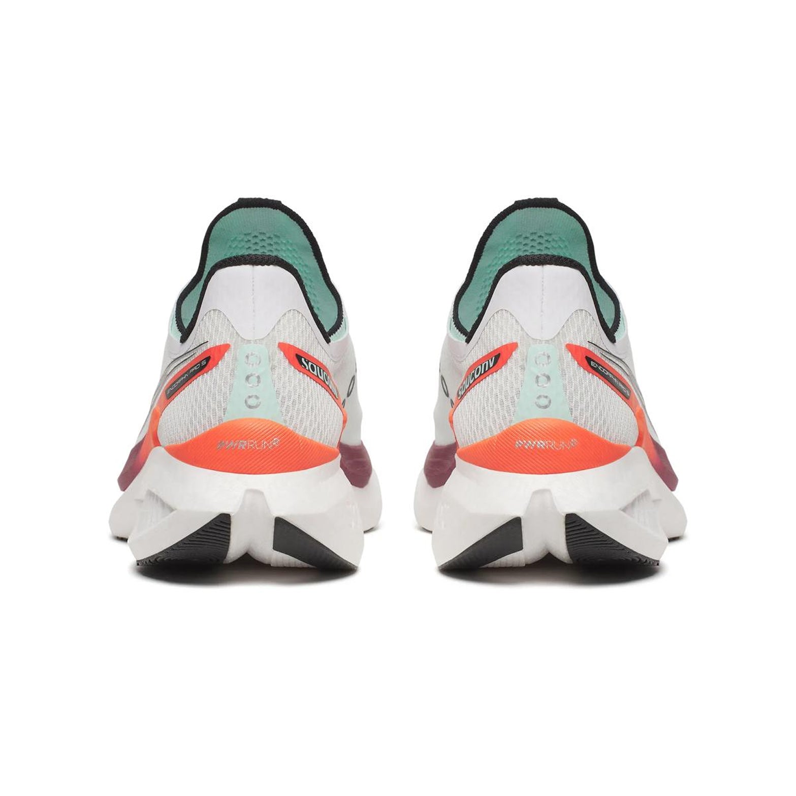 Men's Saucony Endorphin Pro 5 Running Shoes White Crimson heel view showing dual-layer PWRRUN foam stack with aggressive slotted carbon fibre plate