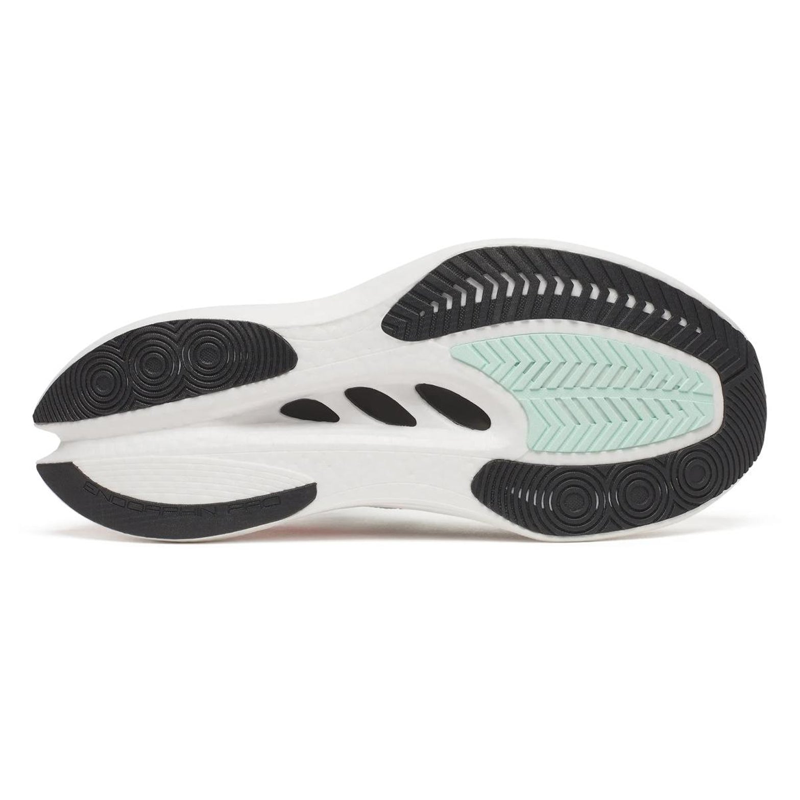 Men's Saucony Endorphin Pro 5 Running Shoes White Crimson sole view displaying PWRTRAC rubber outsole with improved grip and surface abrasion resistance
