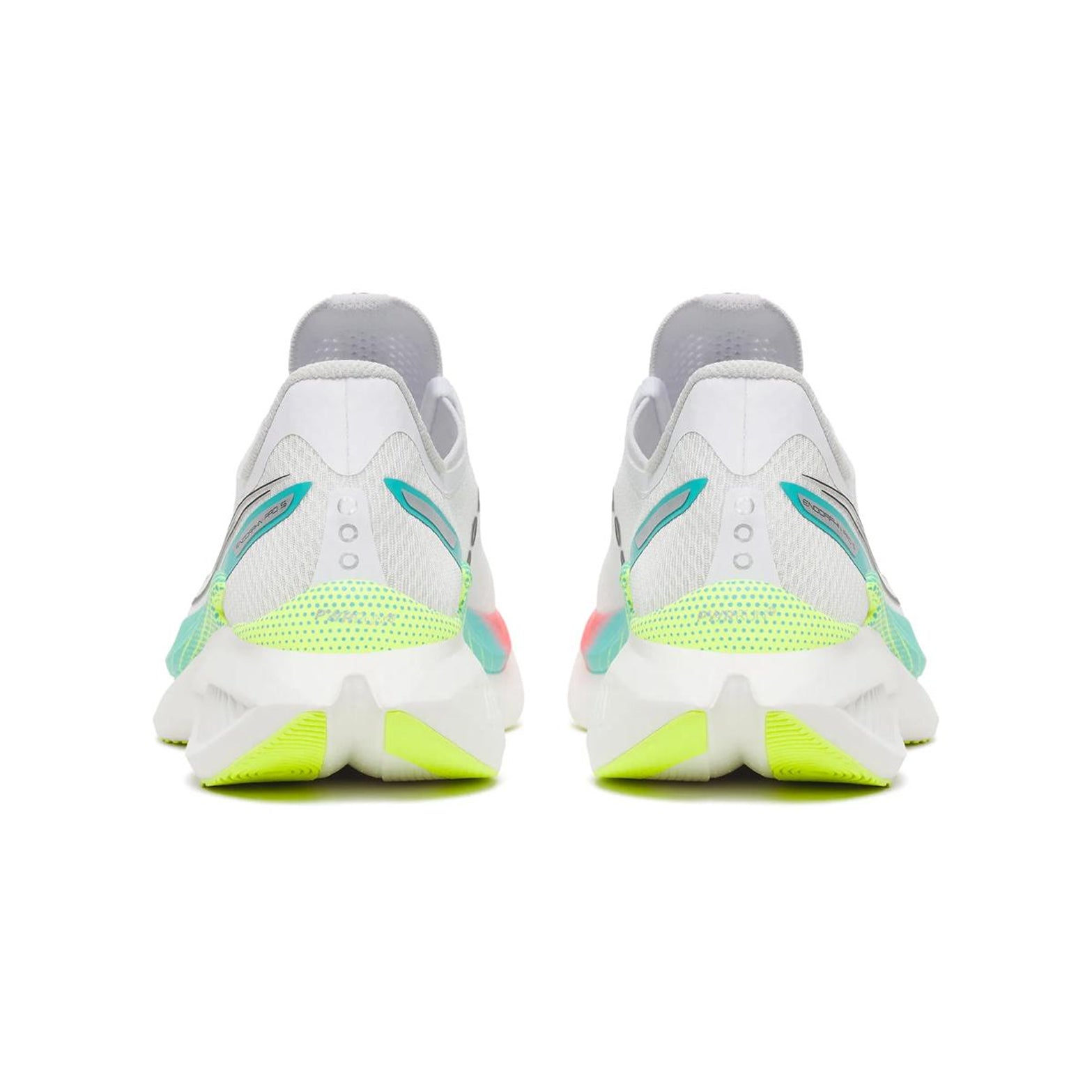 Men's Saucony Endorphin Pro 5 Running Shoes White Multi heel view showing dual-layer PWRRUN foam stack with aggressive slotted carbon fibre plate for elite marathon racing