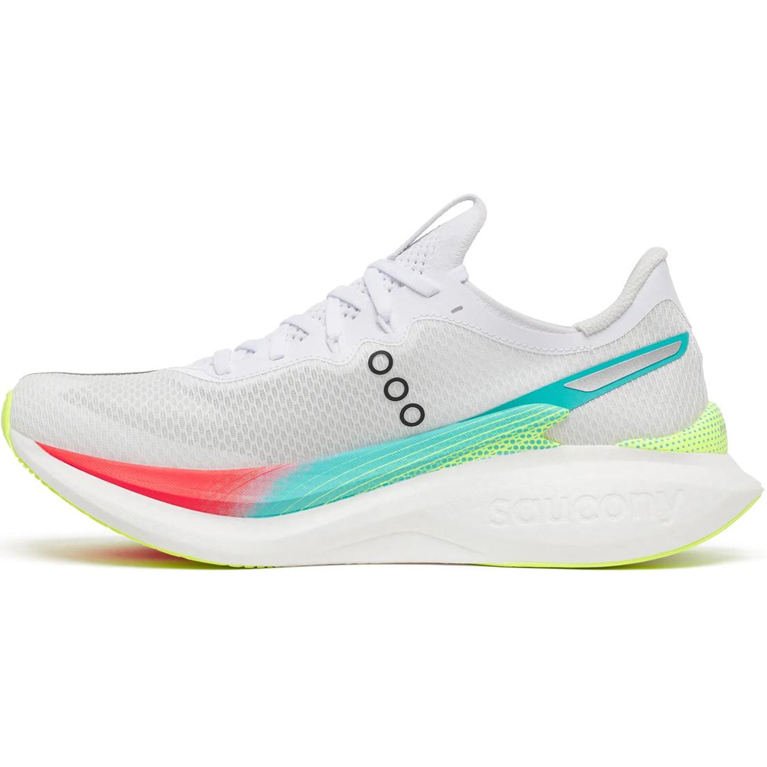 Men's Saucony Endorphin Pro 5 Running Shoes White Multi inner side view showing PWRRUN PB base with carbon plate and enhanced SpeedRoll technology for smooth race day transitions