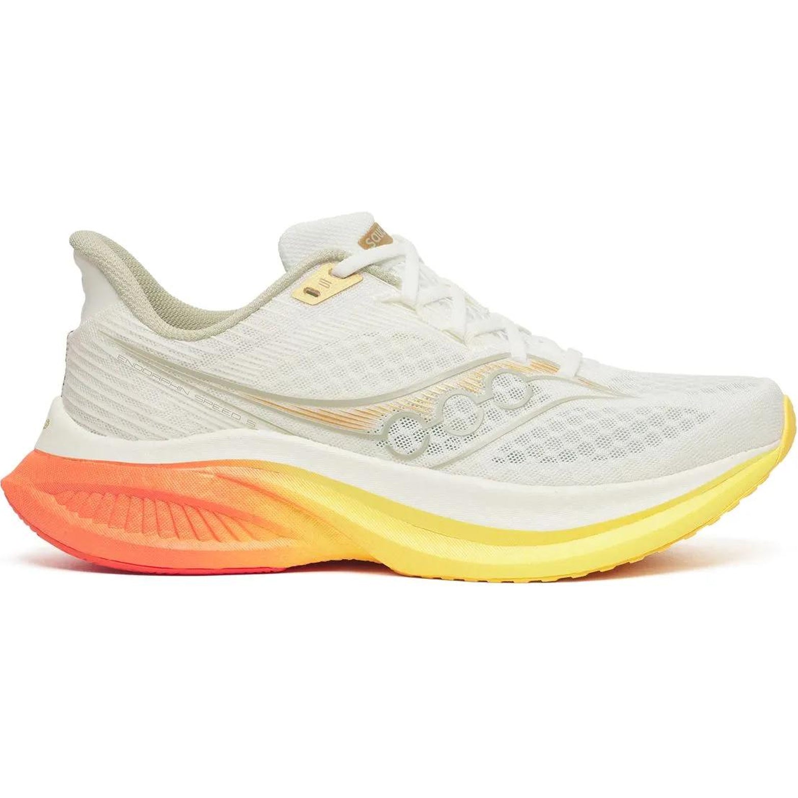 Men's Saucony Endorphin Speed 5 Running Shoes Ivory Fire outer side view showing full-length semi-rigid nylon plate with responsive PWRRUN PB foam cushioning for tempo running