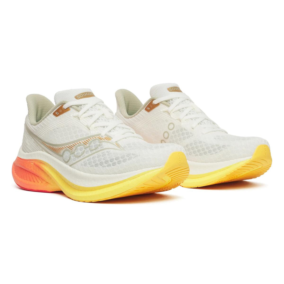 Men's Saucony Endorphin Speed 5 Running Shoes Ivory Fire angled side view of pair showing full-length nylon plate with responsive PWRRUN PB foam and reconfigured outsole for tempo running and speed training