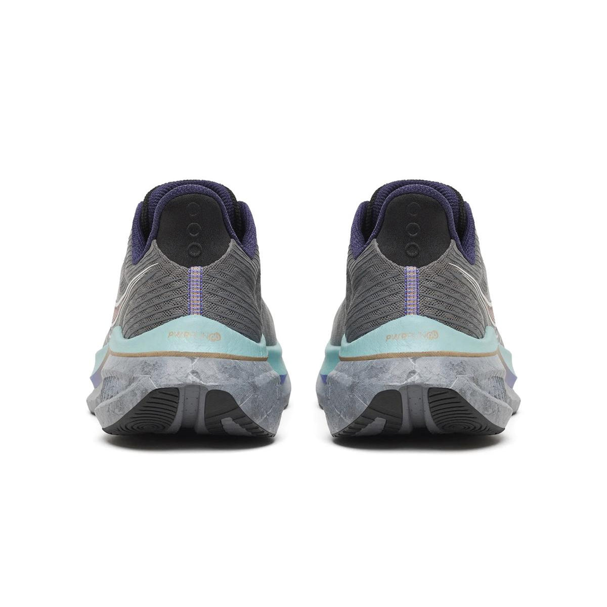 A pair of Saucony Men’s Endorphin Speed 5 Running Shoes in the Owl / Black colorway is shown from the back, featuring turquoise and purple accents, thick soles with PWRRUN PB cushioning, and black heel tabs adorned with three dots each.
