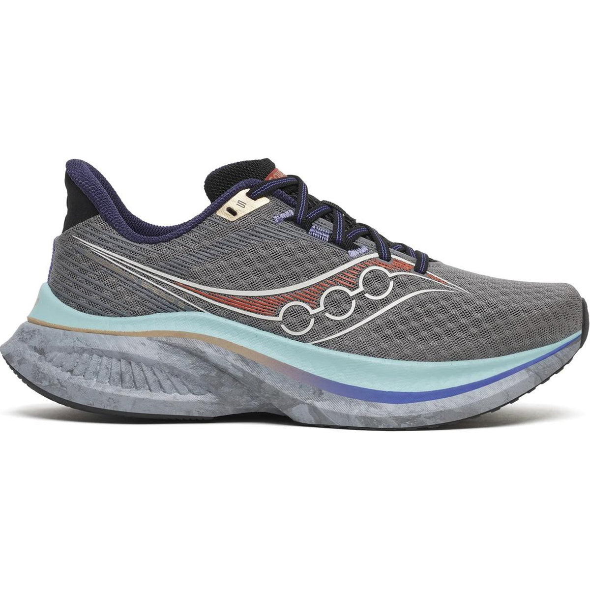 The Saucony Men’s Endorphin Speed 5 Running Shoes in Owl / Black feature a breathable mesh upper in gray with blue, teal, and black accents, a thick, wavy sole enhanced by a responsive nylon plate, and a white outlined Saucony logo on the side.