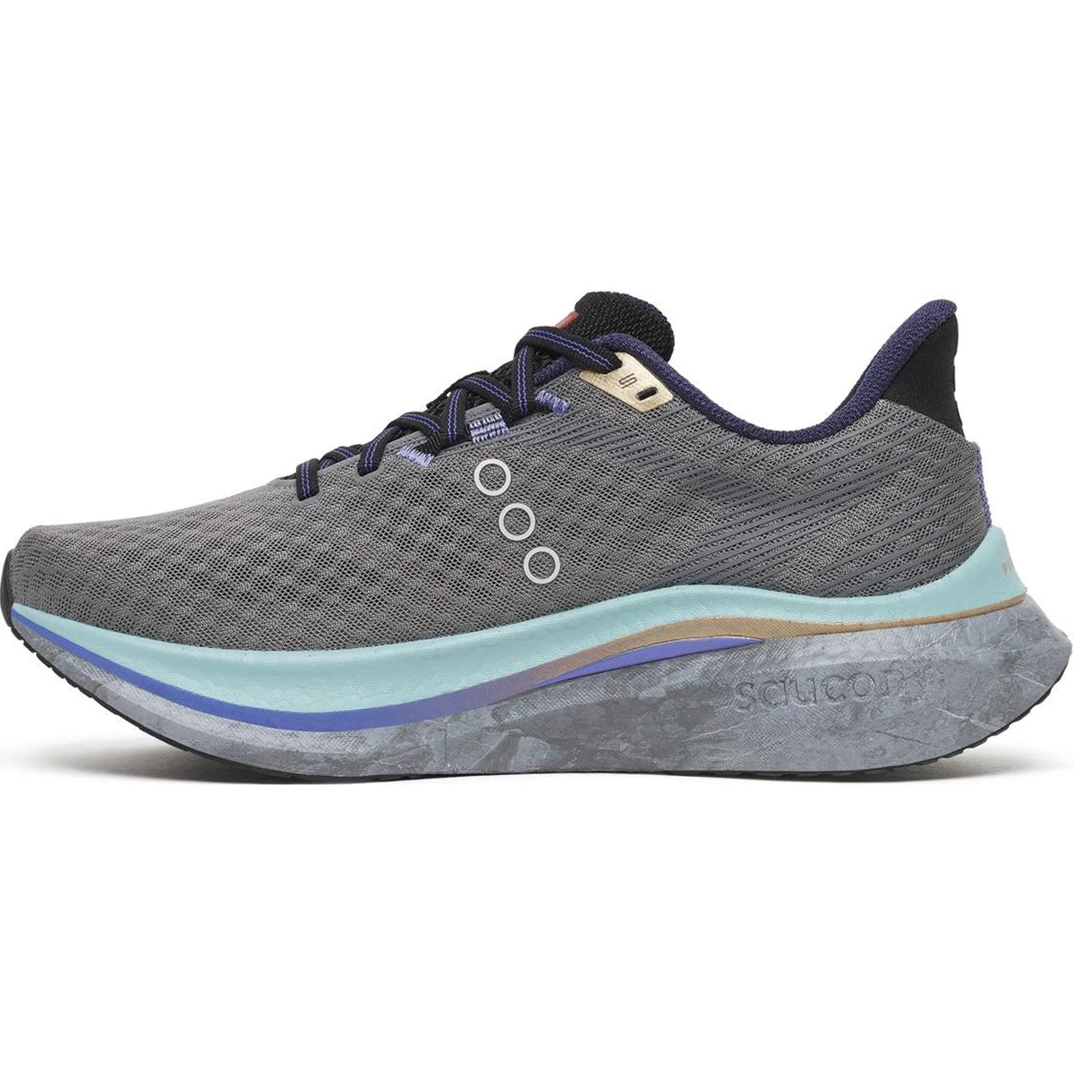 A gray athletic running shoe, the Saucony Men’s Endorphin Speed 5 Running Shoes in Owl/Black, features a thick, textured sole with blue and mint green accents, complemented by dark blue laces and trim. Designed for athletes seeking both comfort and performance, these shoes incorporate a lightweight nylon plate for enhanced propulsion. The brand name “Saucony” is embossed on the side of the sole.