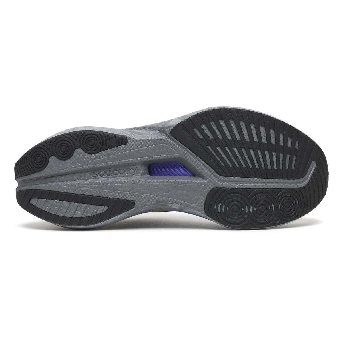 The image displays the sole of the Saucony Men’s Endorphin Speed 5 Running Shoes in the Owl / Black colorway, featuring a gray base with black rubber traction patterns and a small section of blue visible near the center. This model utilizes PWRRUN PB cushioning to boost performance and provide enhanced comfort for runners.