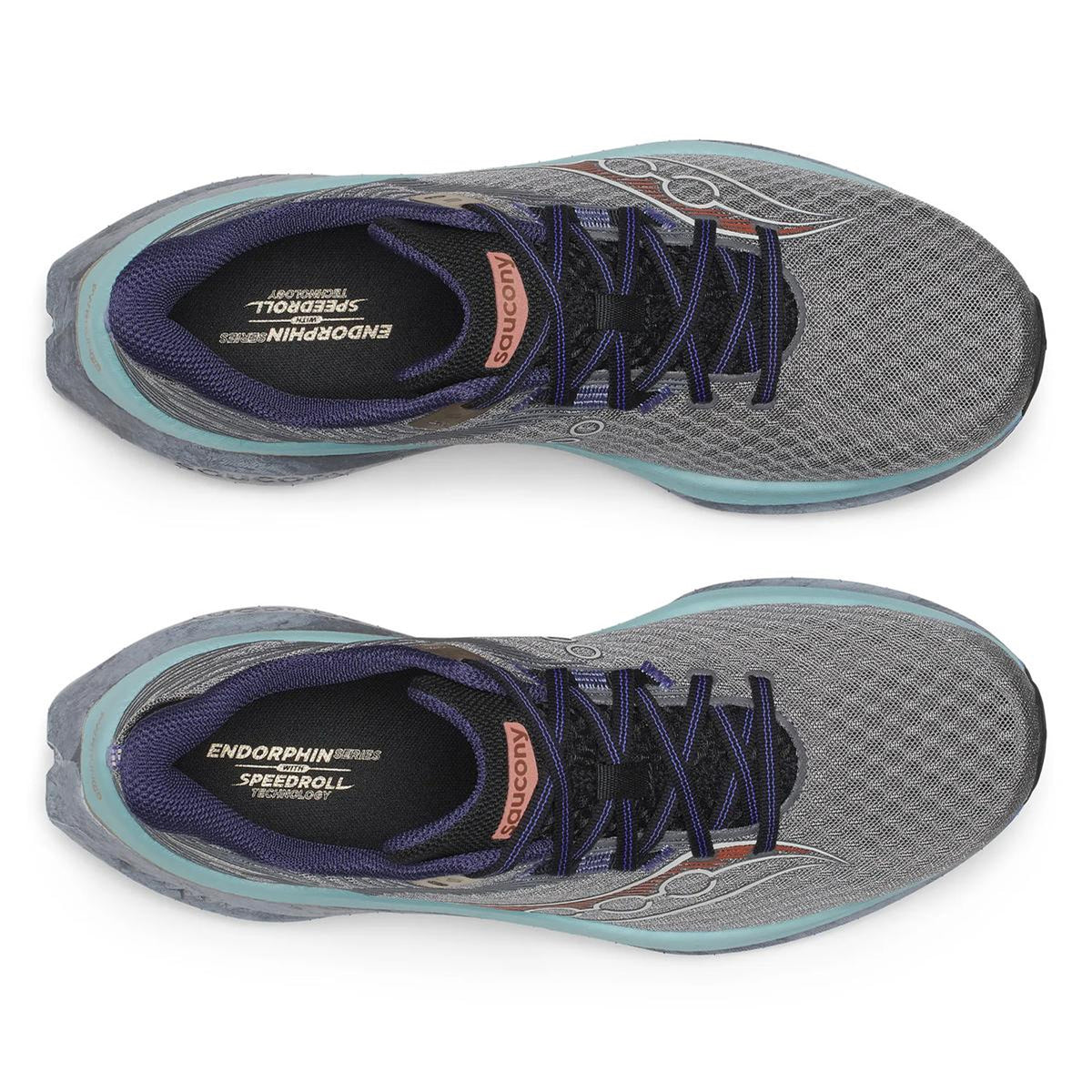 Top view of a pair of Saucony Men’s Endorphin Speed 5 Running Shoes in Owl / Black with blue and teal accents, black laces, and Saucony branding on the tongue and inner sole; featuring responsive PWRRUN PB cushioning, the shoes are positioned side by side with toes pointing to the left.