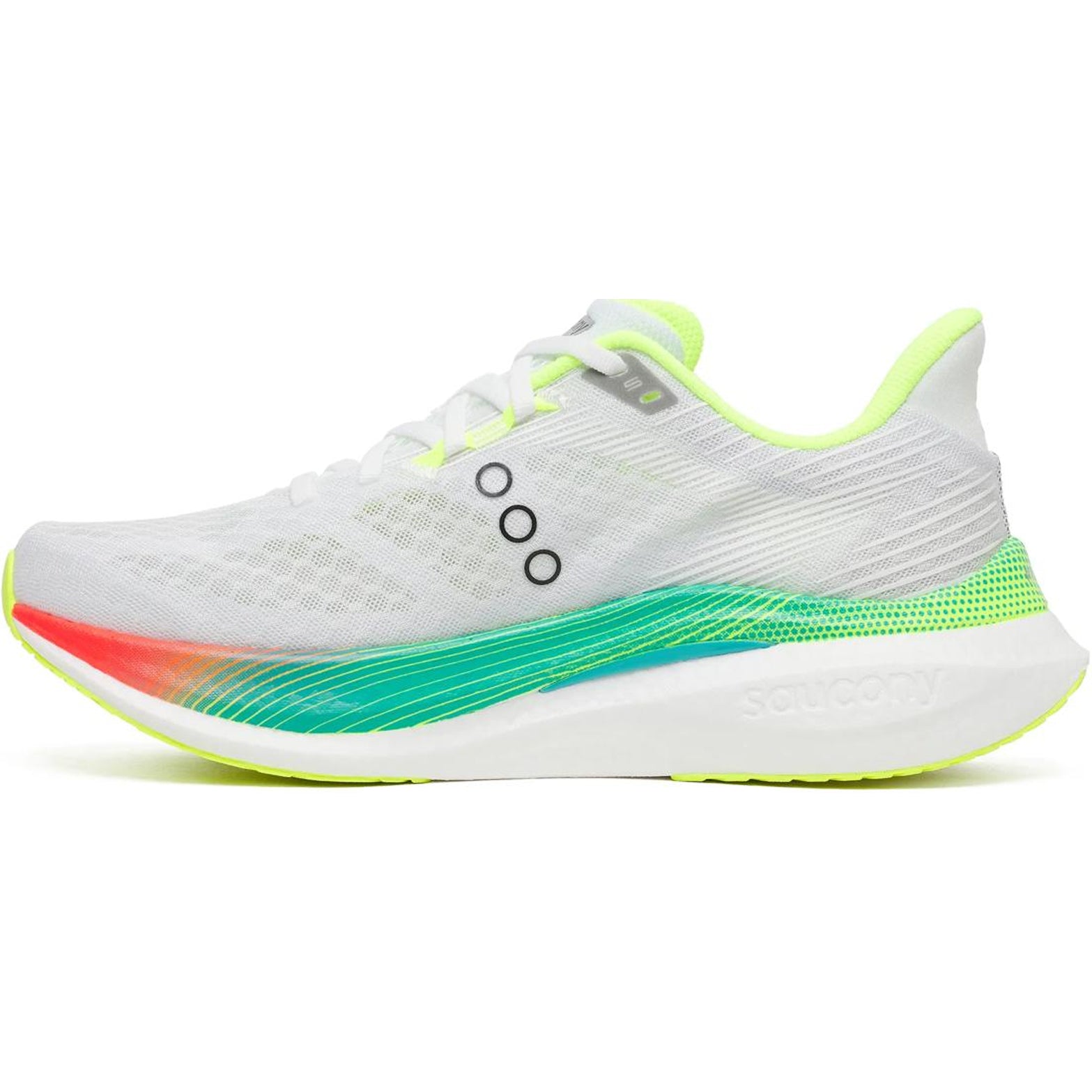 Men's Saucony Endorphin Speed 5 Running Shoes White Multi inner side view showing dual-layer PWRRUN PB foam with nylon plate for snappy transitions and fast running