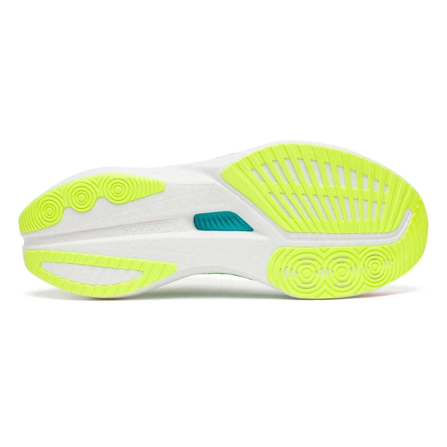 Men's Saucony Endorphin Speed 5 Running Shoes White Multi sole view displaying reconfigured outsole with expanded heel coverage and full-length groove for natural gait cycle