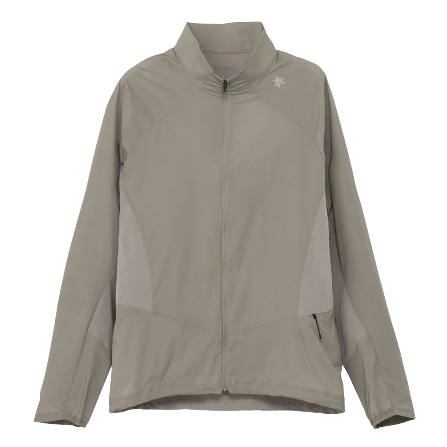 Goldwin Men's Eris Hybrid Jacket Arid Beige front view showing lightweight woven fabric with water-repellent properties and slightly slim athletic silhouette