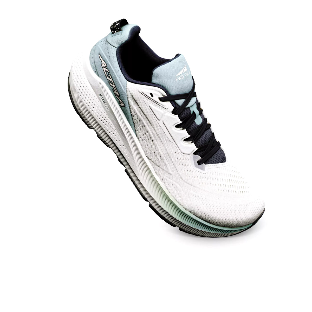 Men's Altra FWD VIA 2 Running Shoes Vaporous Grey Grey angled side showing EGO P35 midsole with rocker shape geometry, engineered mesh upper and rubber outsole for light efficient comfortable daily road running