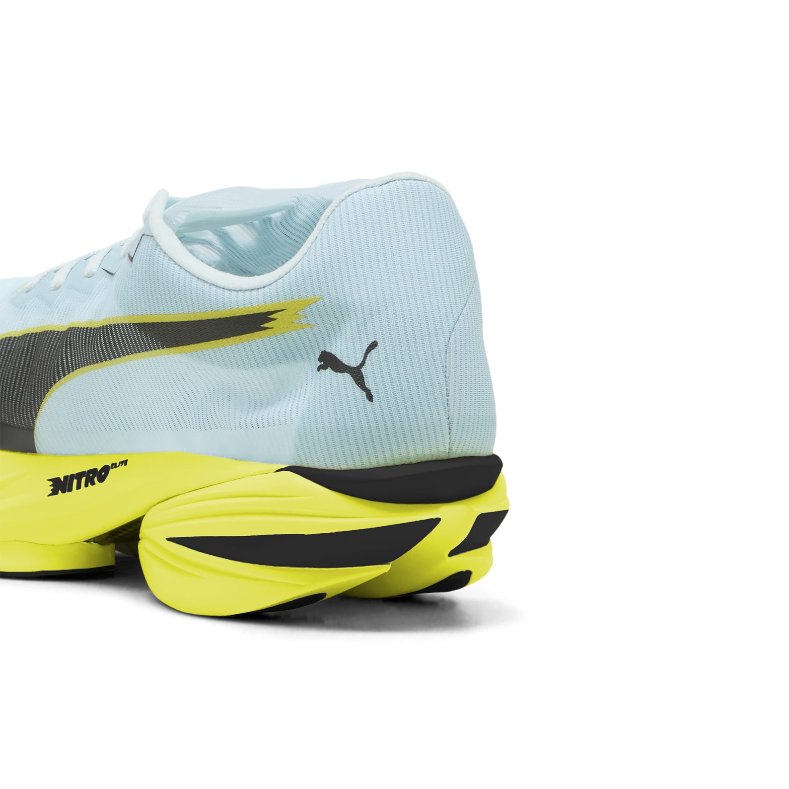 Men's PUMA Fast-R NITRO Elite 3 Running Shoes Fresh Water Lemon Crush close-up heel view showing NITROFOAM Elite midsole stack and carbon fibre PWRPLATE detail