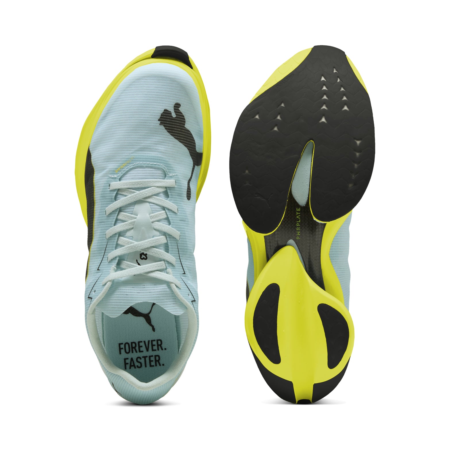 Men's PUMA Fast-R NITRO Elite 3 Running Shoes Fresh Water Lemon Crush showing top view of lightweight upper and sole view displaying PUMAGRIP racing outsole
