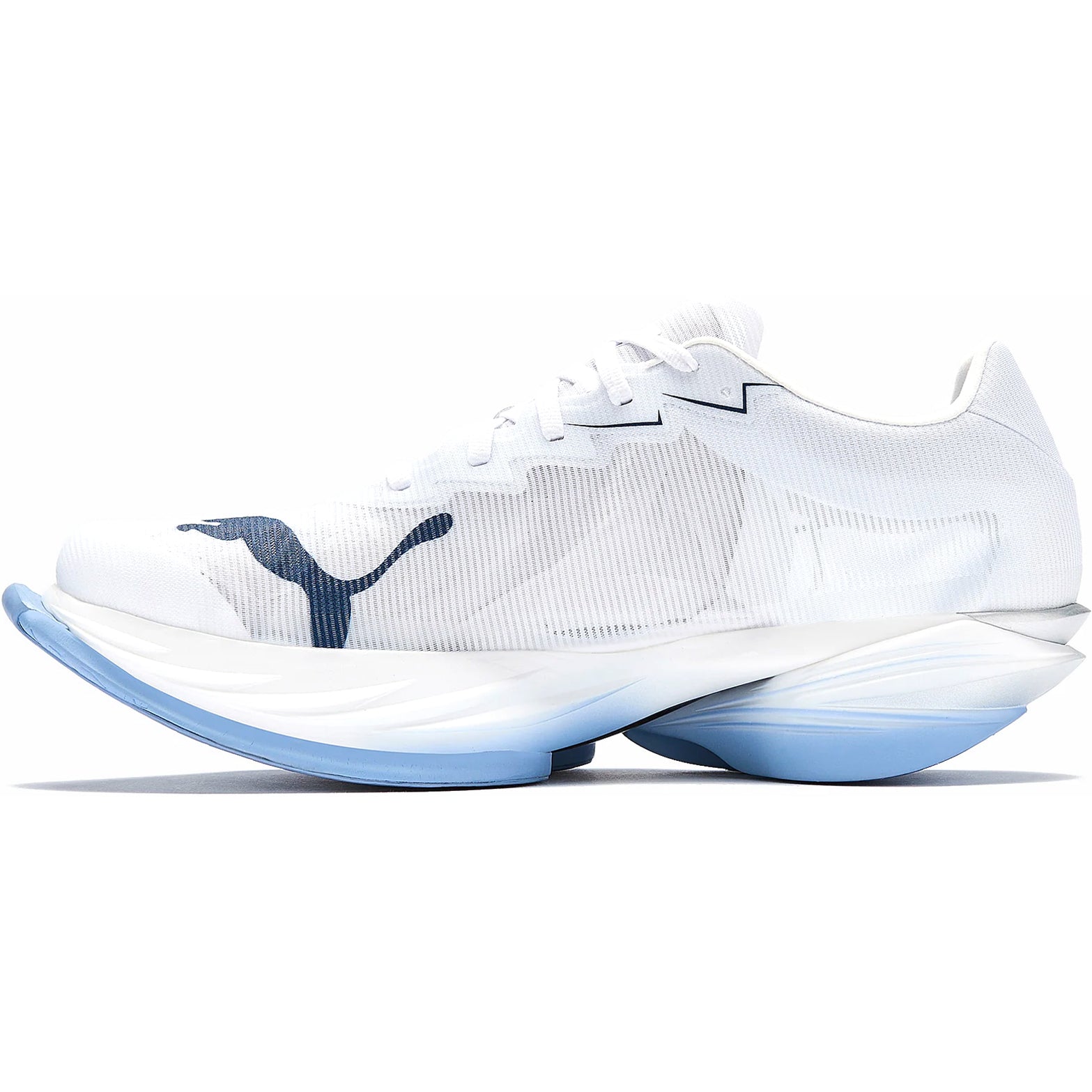 Men's Puma Fast-R NITRO Elite 3 Running Shoes Puma White Chambray Blue inner side view showing extended carbon PWRPLATE with NITROFOAM Elite cushioning and de-coupled heel for smooth powerful race day transitions