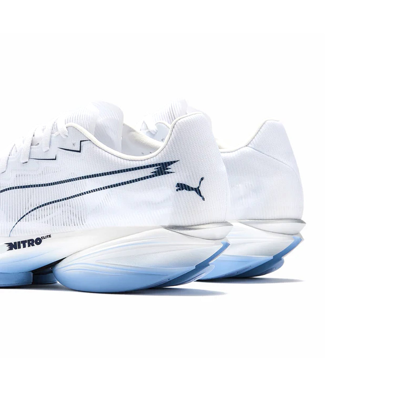 Men's Puma Fast-R NITRO Elite 3 Running Shoes Puma White Chambray Blue heel view showing aggressive de-coupled heel design with NITROFOAM Elite foam for smooth powerful roll-through during marathon racing