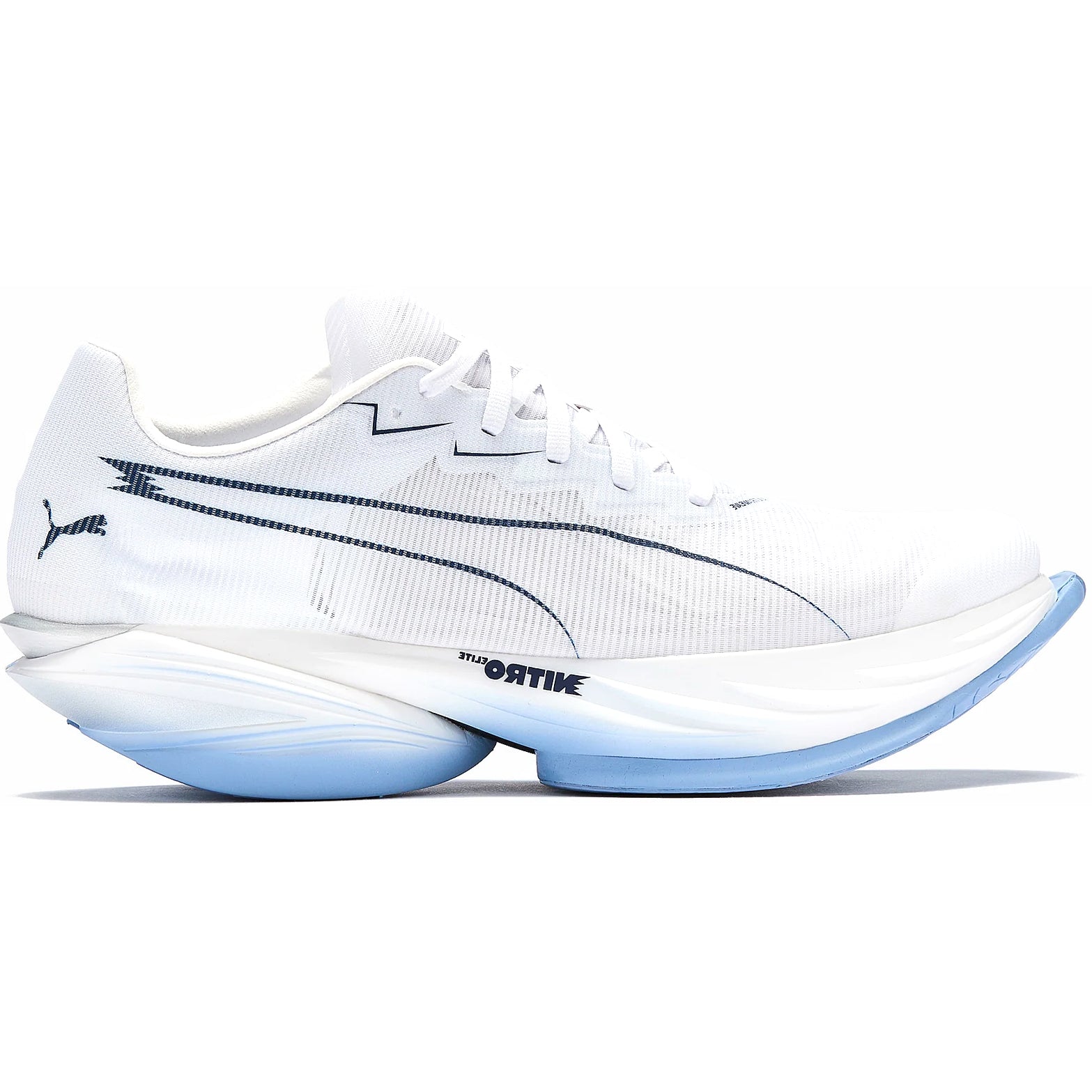 Men's Puma Fast-R NITRO Elite 3 Running Shoes Puma White Chambray Blue outer side view showing NITROFOAM Elite foam with extended carbon PWRPLATE and aggressive de-coupled heel design for elite marathon racing