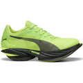 The Puma Men’s Fast-R NITRO Elite 3 Running Shoes in Sunny Lime and Puma Black showcase a striking neon green design, a bold black Puma logo, and a distinctive thick black speckled sole crafted with advanced NITROFOAM ELITE cushioning. The shoe’s innovative split, curved construction at the forefoot and heel is engineered for high-performance marathon racing.