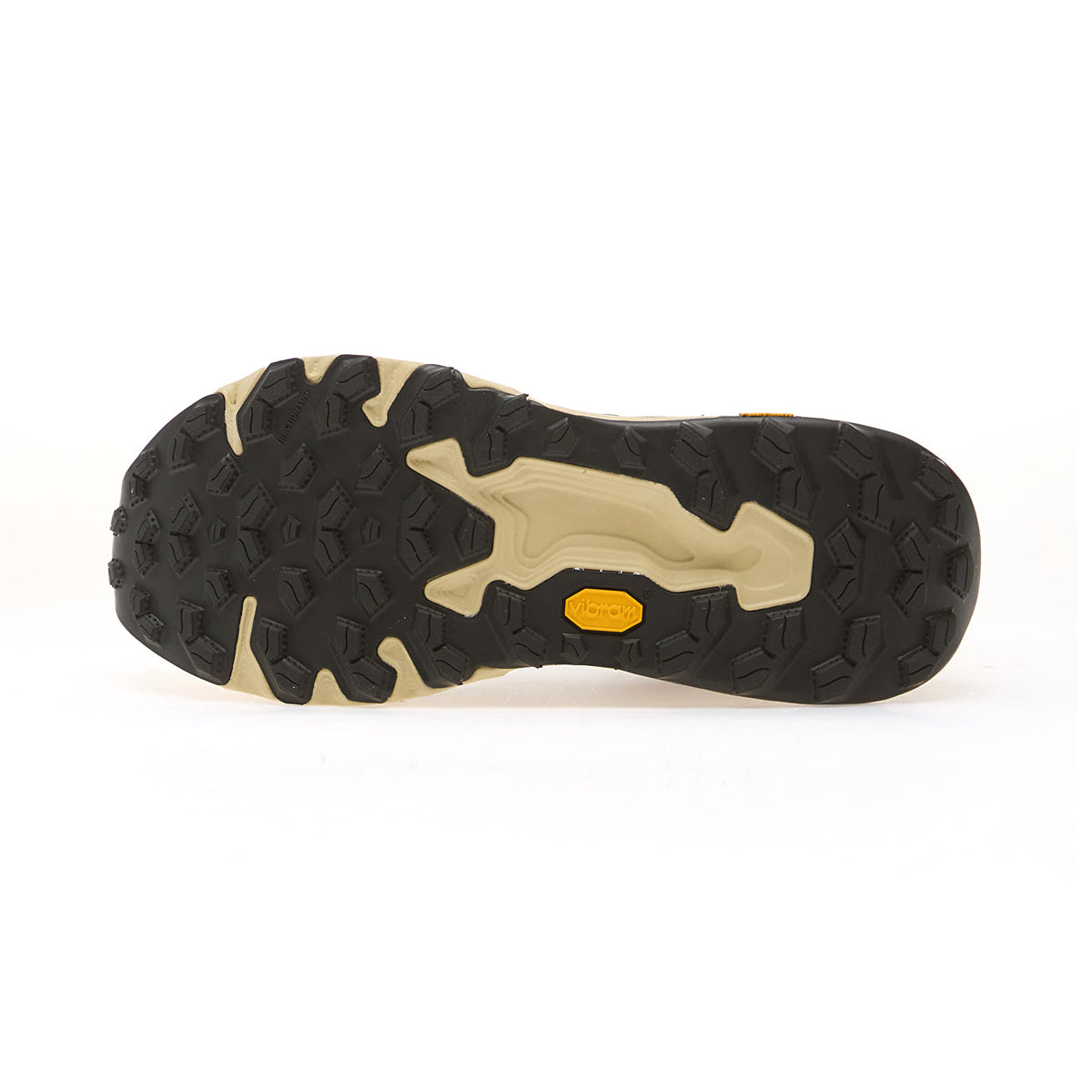 Men's New Balance Fresh Foam X Hierro v9 Trail Running Shoes Angora Basil Oil sole view displaying Vibram Megagrip outsole with revamped tread pattern and 6mm lugs for exceptional traction on varied trail surfaces