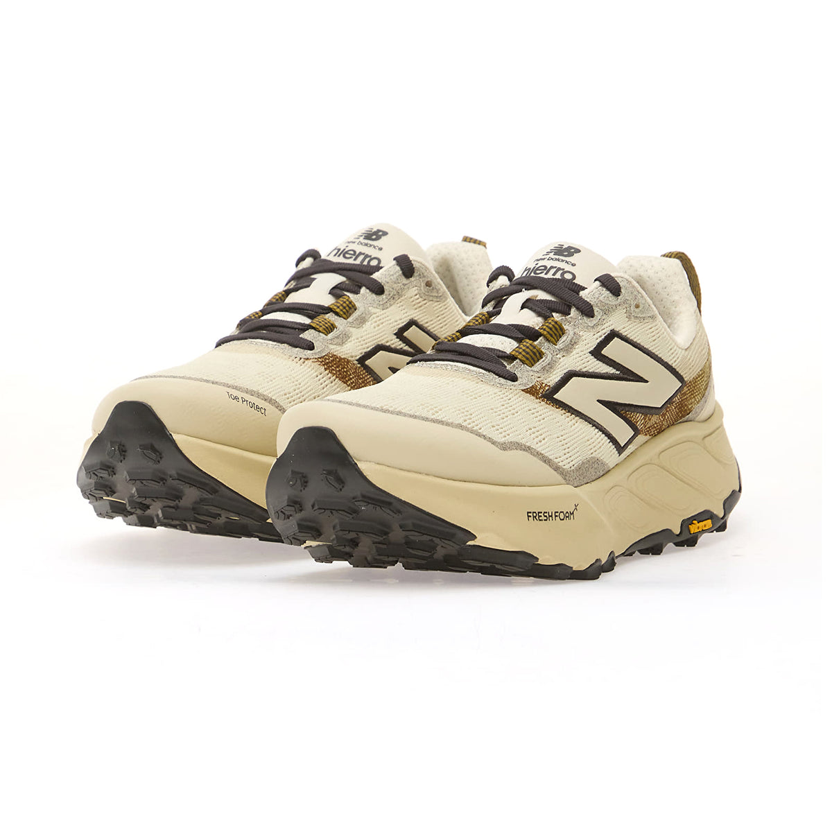 Men's New Balance Fresh Foam X Hierro v9 Trail Running Shoes Angora Basil Oil angled side view of pair showing dual-density Fresh Foam X midsole with Vibram Megagrip 6mm lugs and knit upper for maximum cushioned protection on adventurous trail terrain