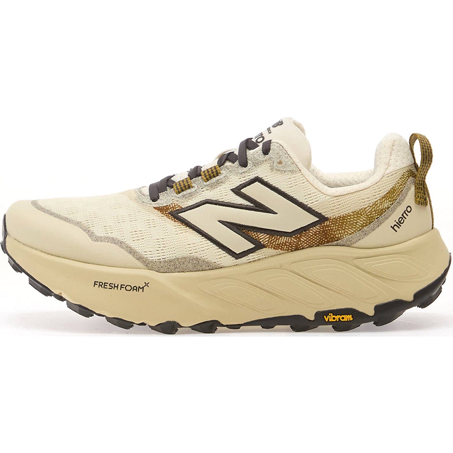 Men's New Balance Fresh Foam X Hierro v9 Trail Running Shoes Angora Basil Oil inner side view showing Fresh Foam X cushioning with gusseted tongue and Toe Protect technology for secure debris-free trail fit
